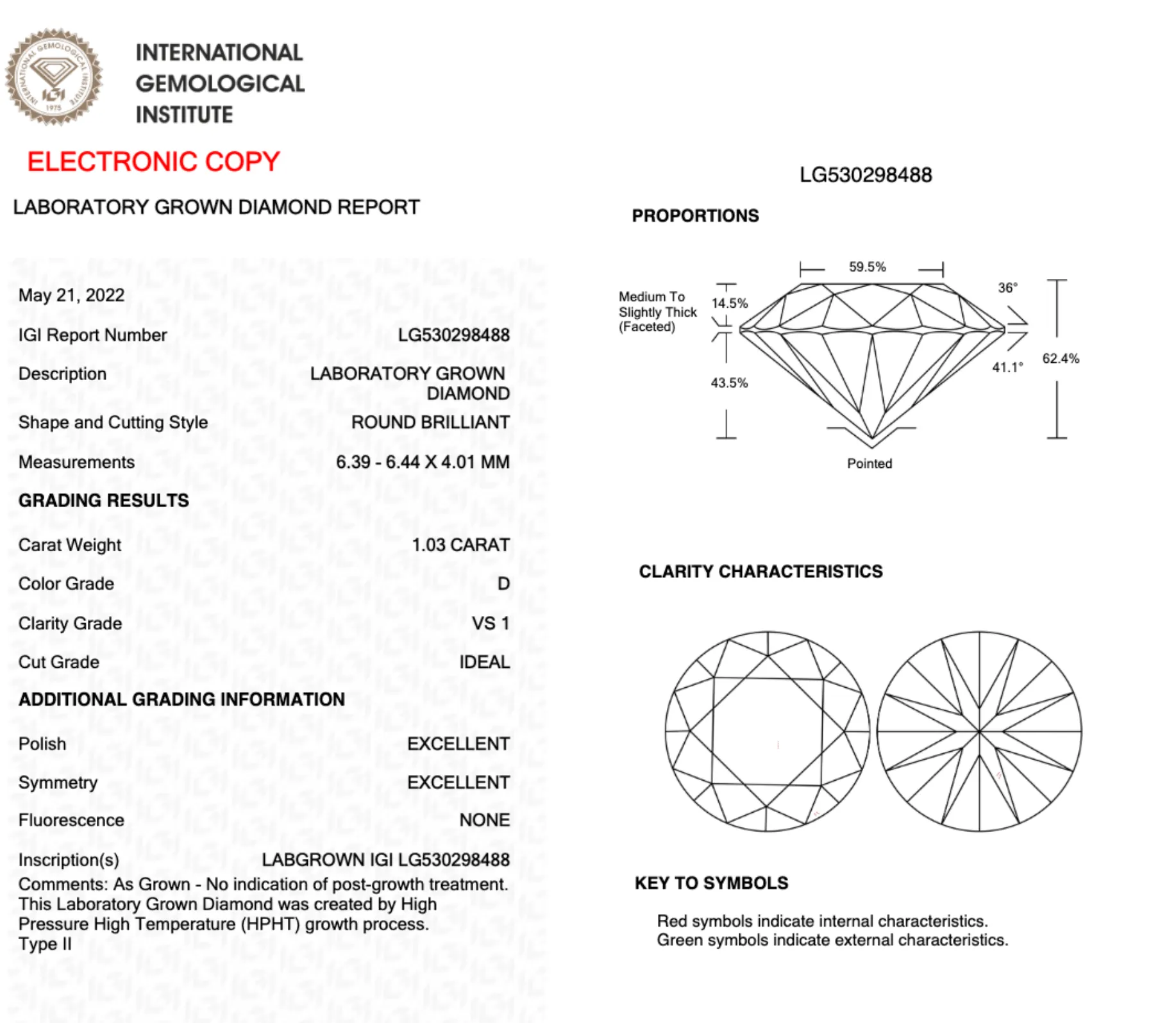 1.03CT Round D VS1 IDEAL EX EX NONE- LG530298488