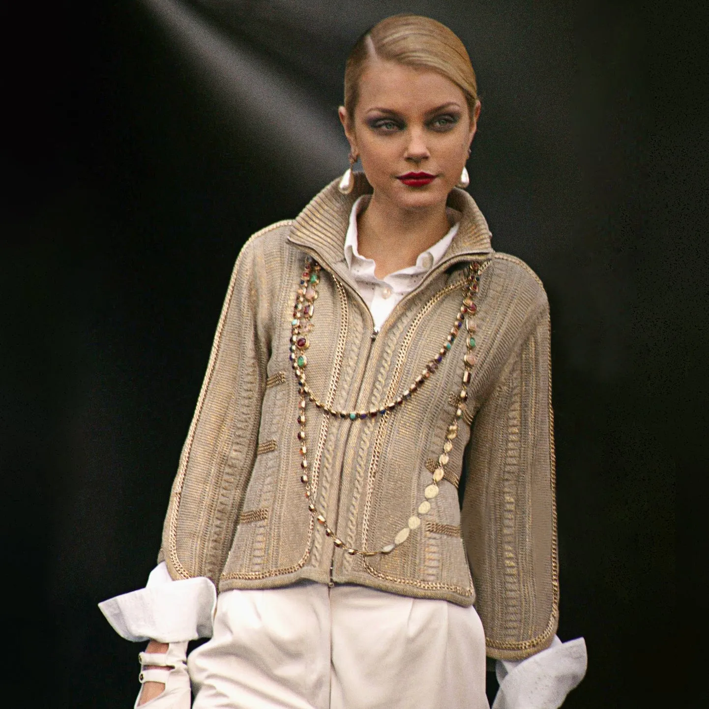 2008 Beige and Gold-Brushed Chain-Trim Knit Cardigan