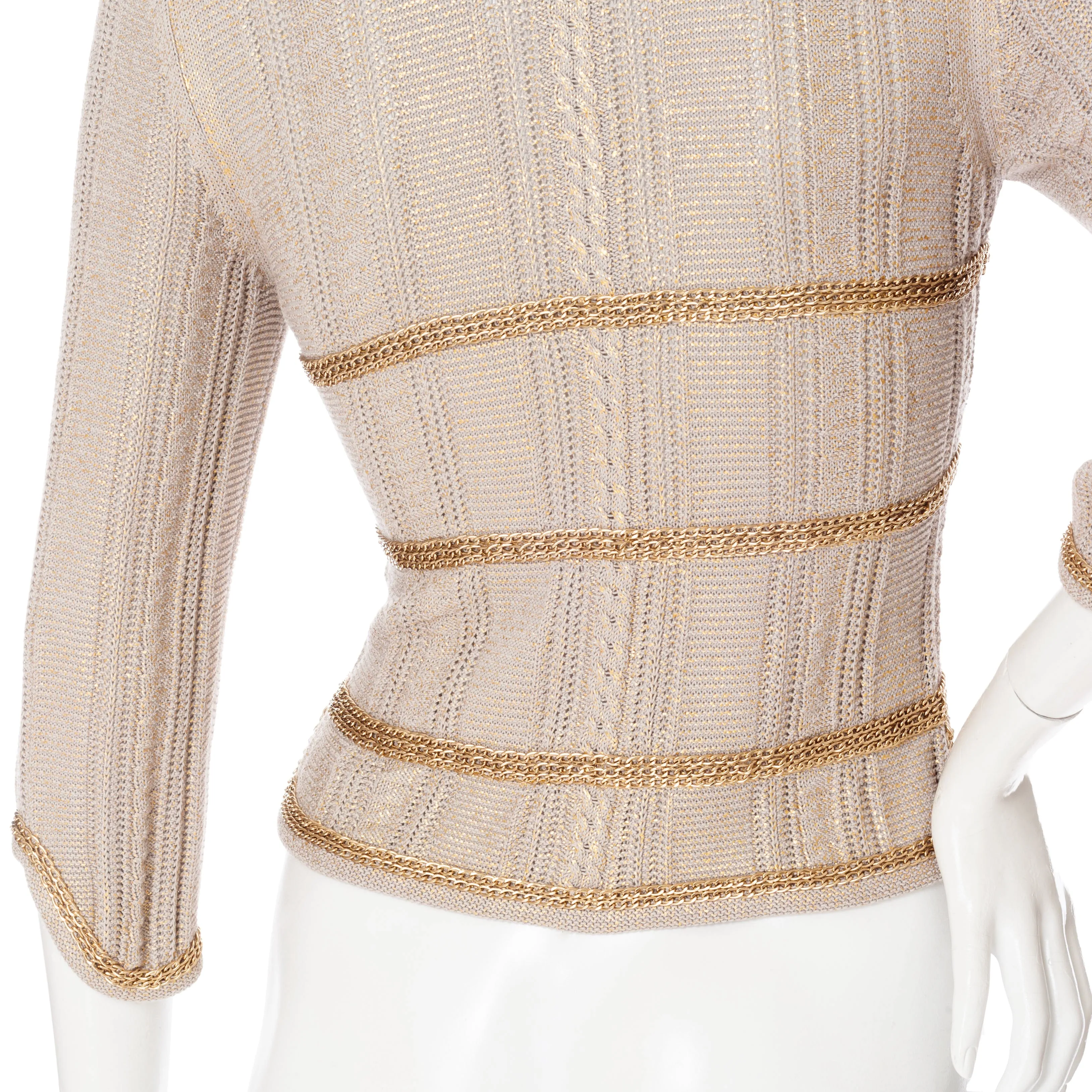 2008 Beige and Gold-Brushed Chain-Trim Knit Cardigan