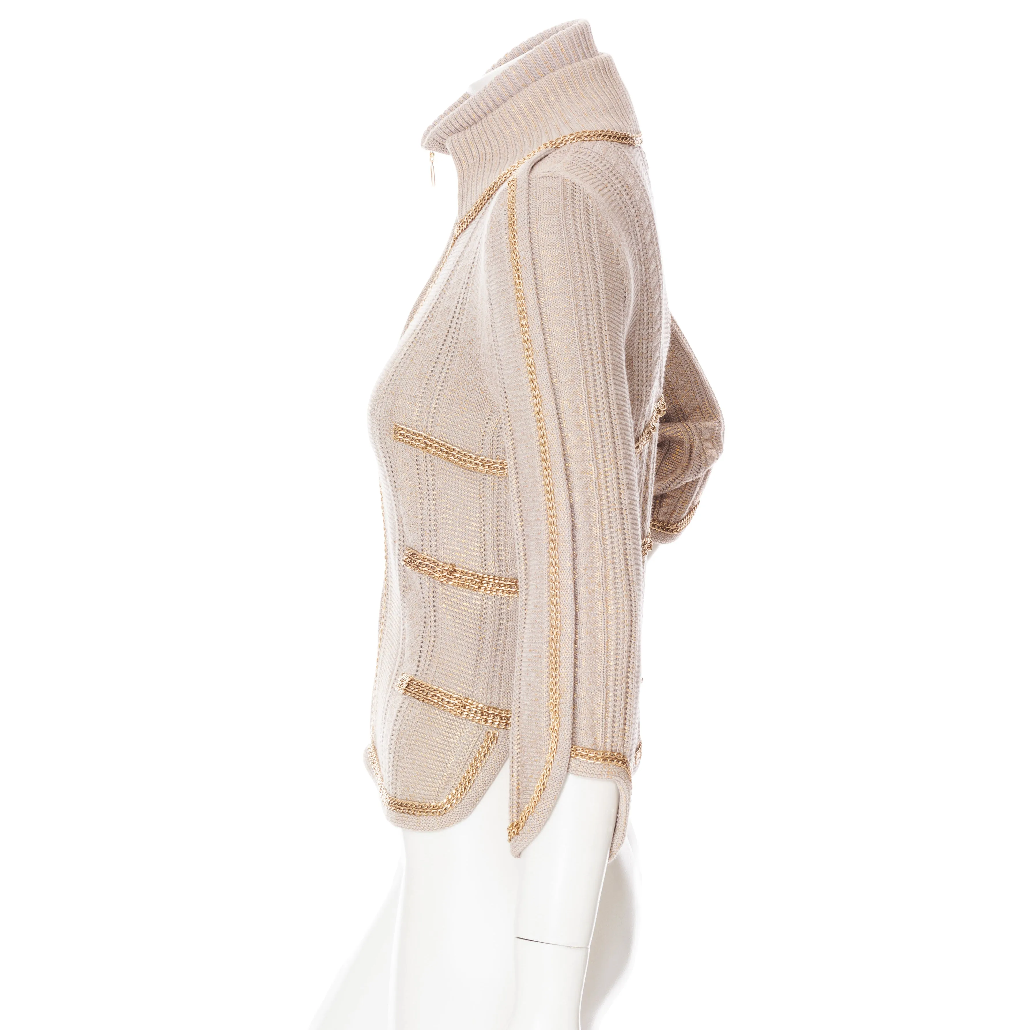 2008 Beige and Gold-Brushed Chain-Trim Knit Cardigan