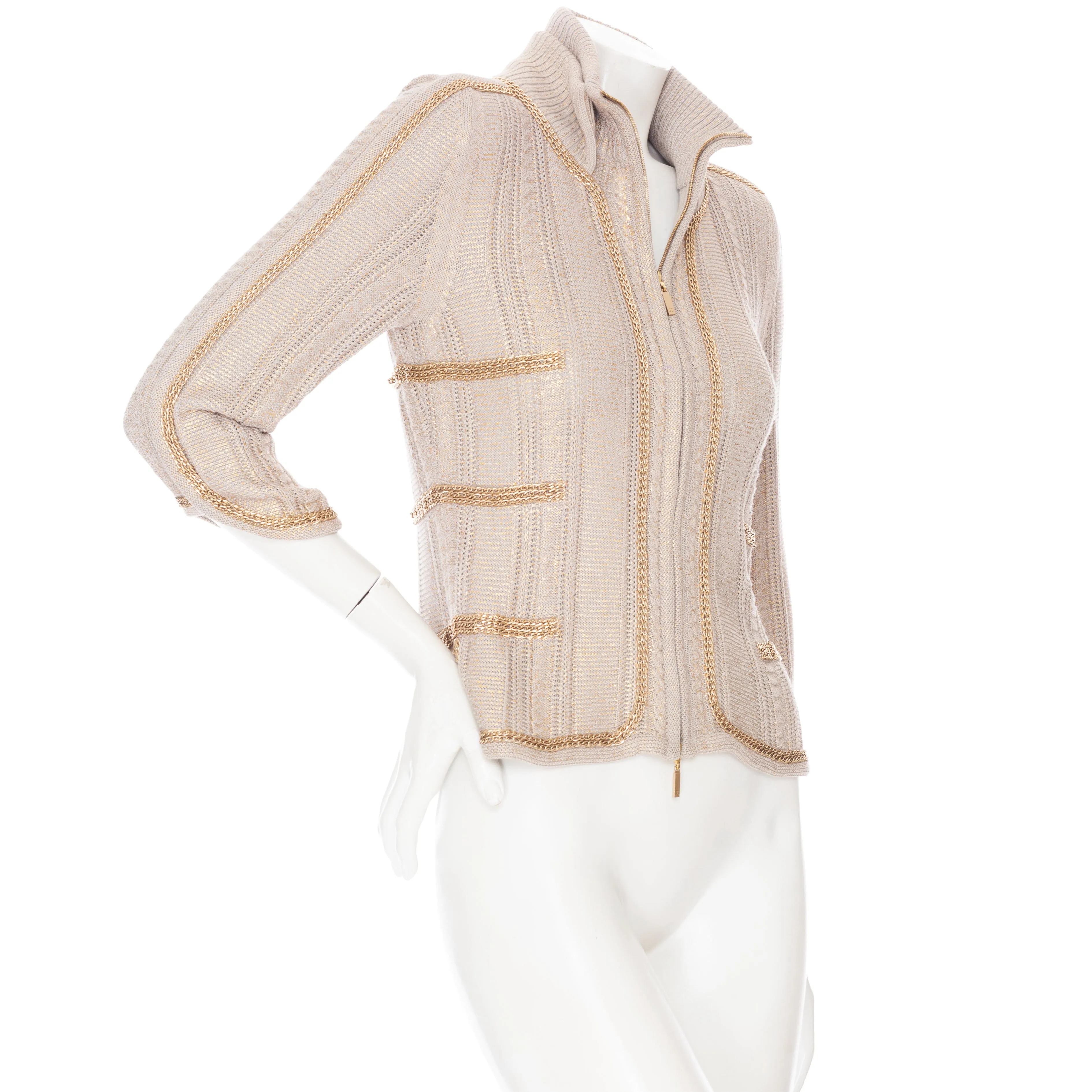 2008 Beige and Gold-Brushed Chain-Trim Knit Cardigan