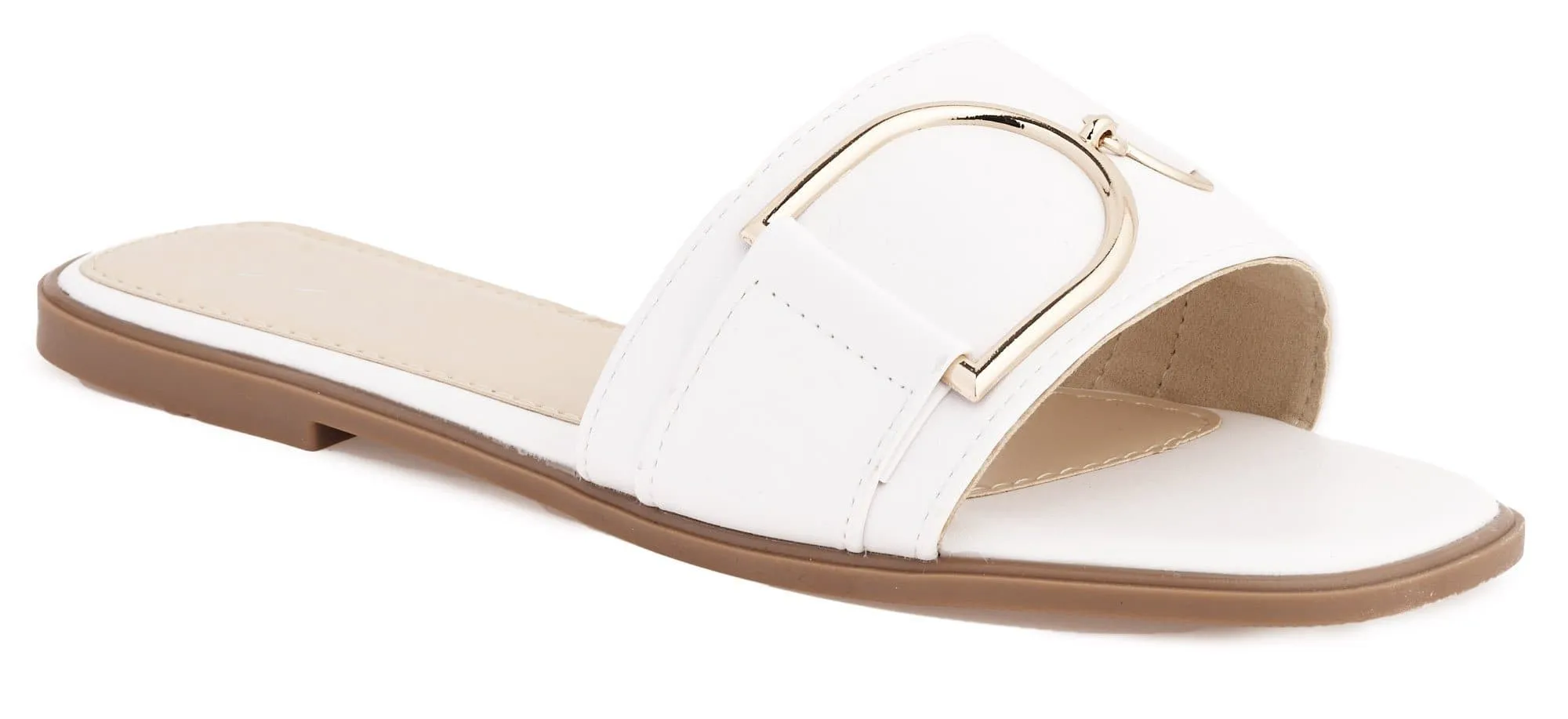 Arabella Gold Finish D link Open Toe Sliders in White