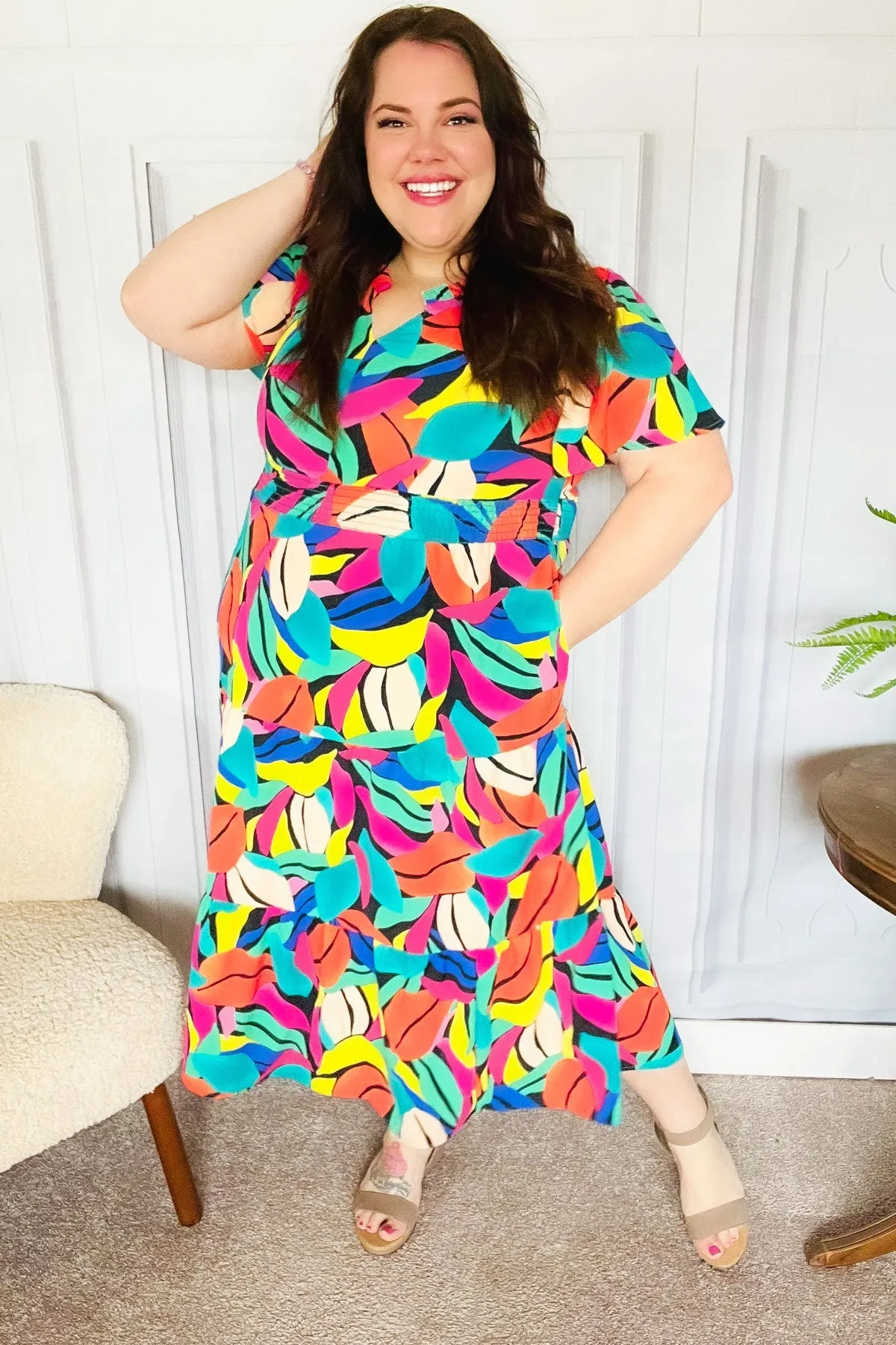 Be Bold Multicolor Abstract Tropical Print Smocked Waist Maxi Dress