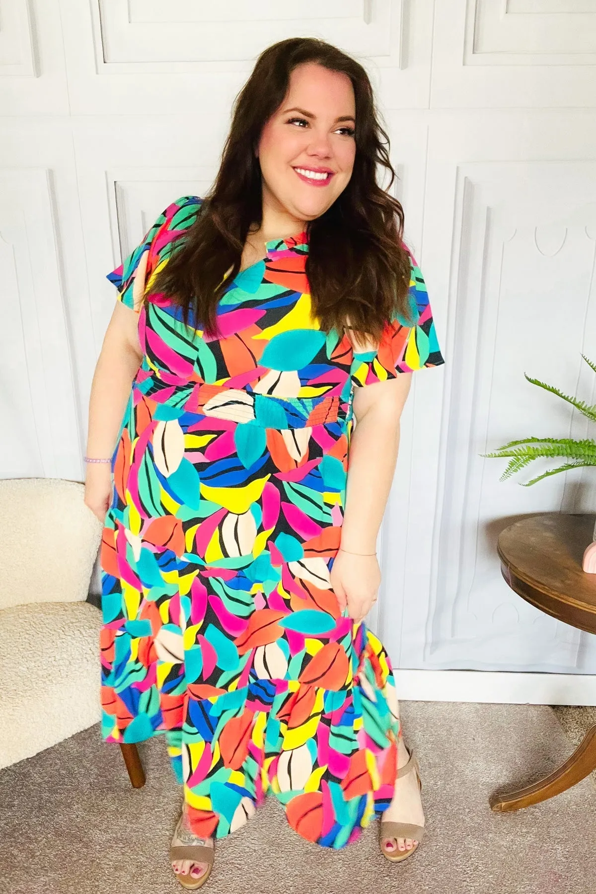 Be Bold Multicolor Abstract Tropical Print Smocked Waist Maxi Dress