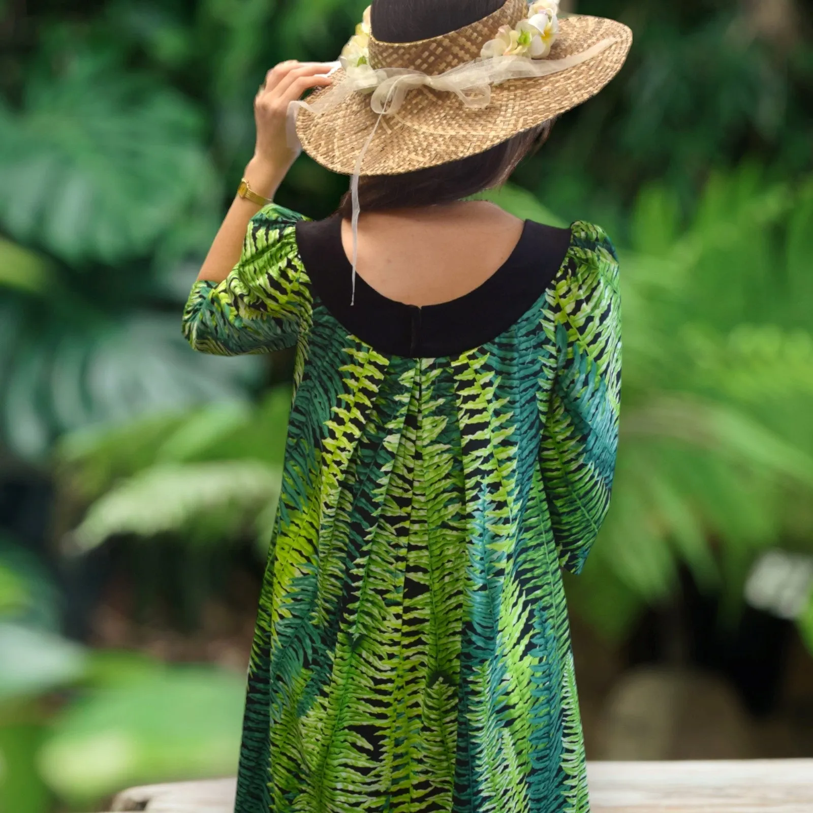 Beautiful Green Ferns Velvet Collar Muumuu Dress 2081