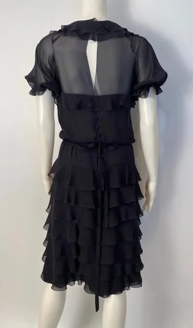 Chanel 01P 2001 Spring Navy Blue Silk Chiffon Ruffle short sleeve dress FR 38 US 4