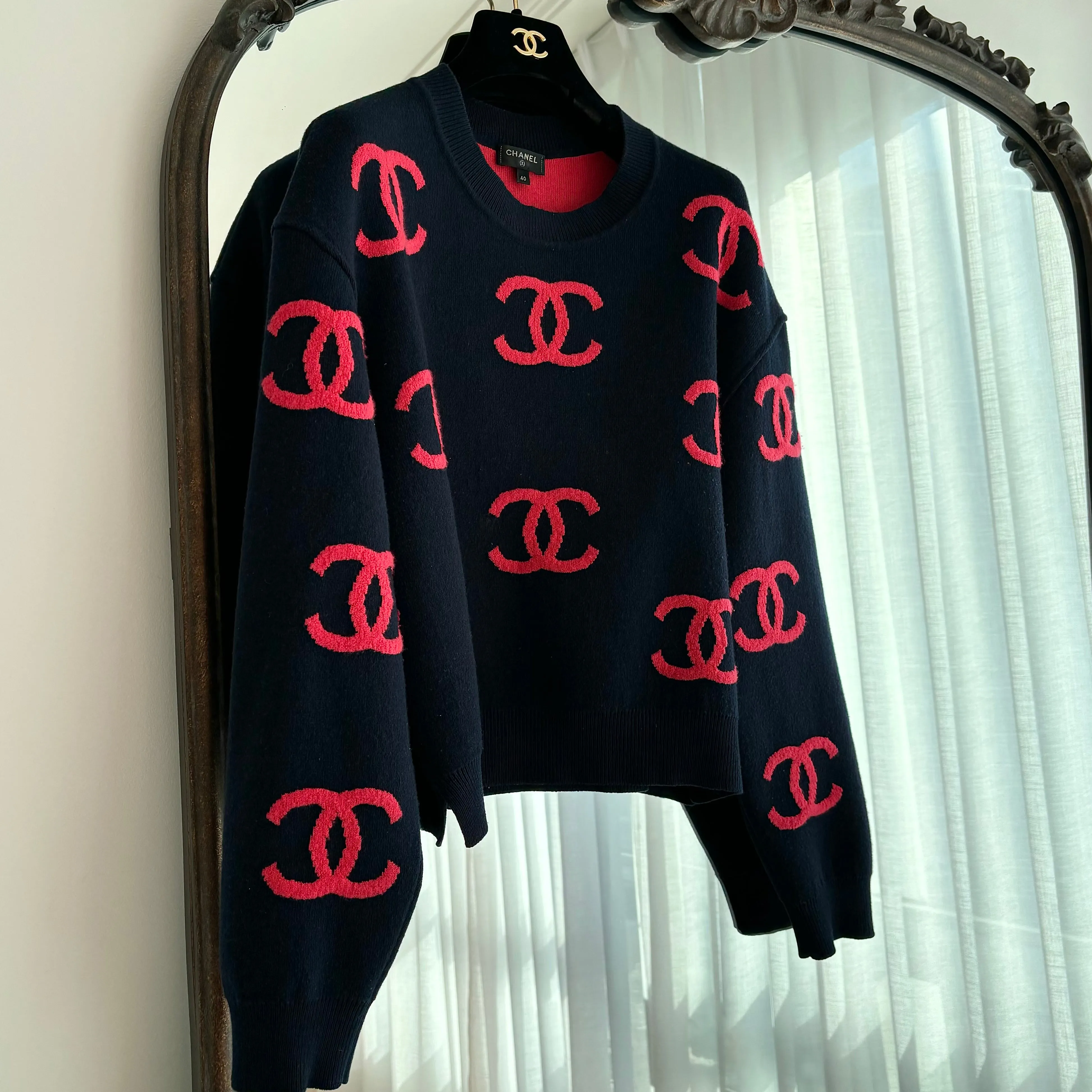 Chanel CC Red Navy Cashmere Sweater