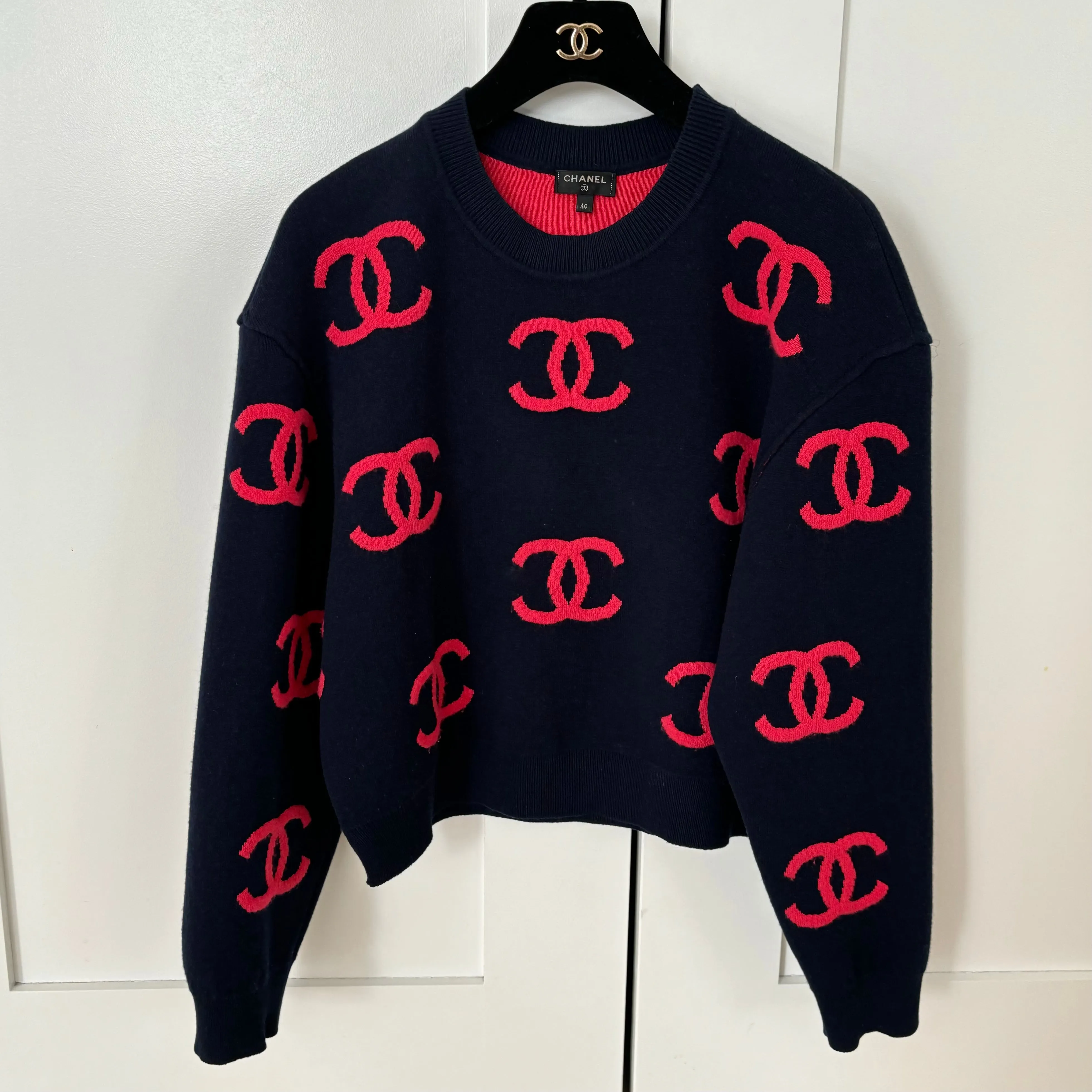 Chanel CC Red Navy Cashmere Sweater