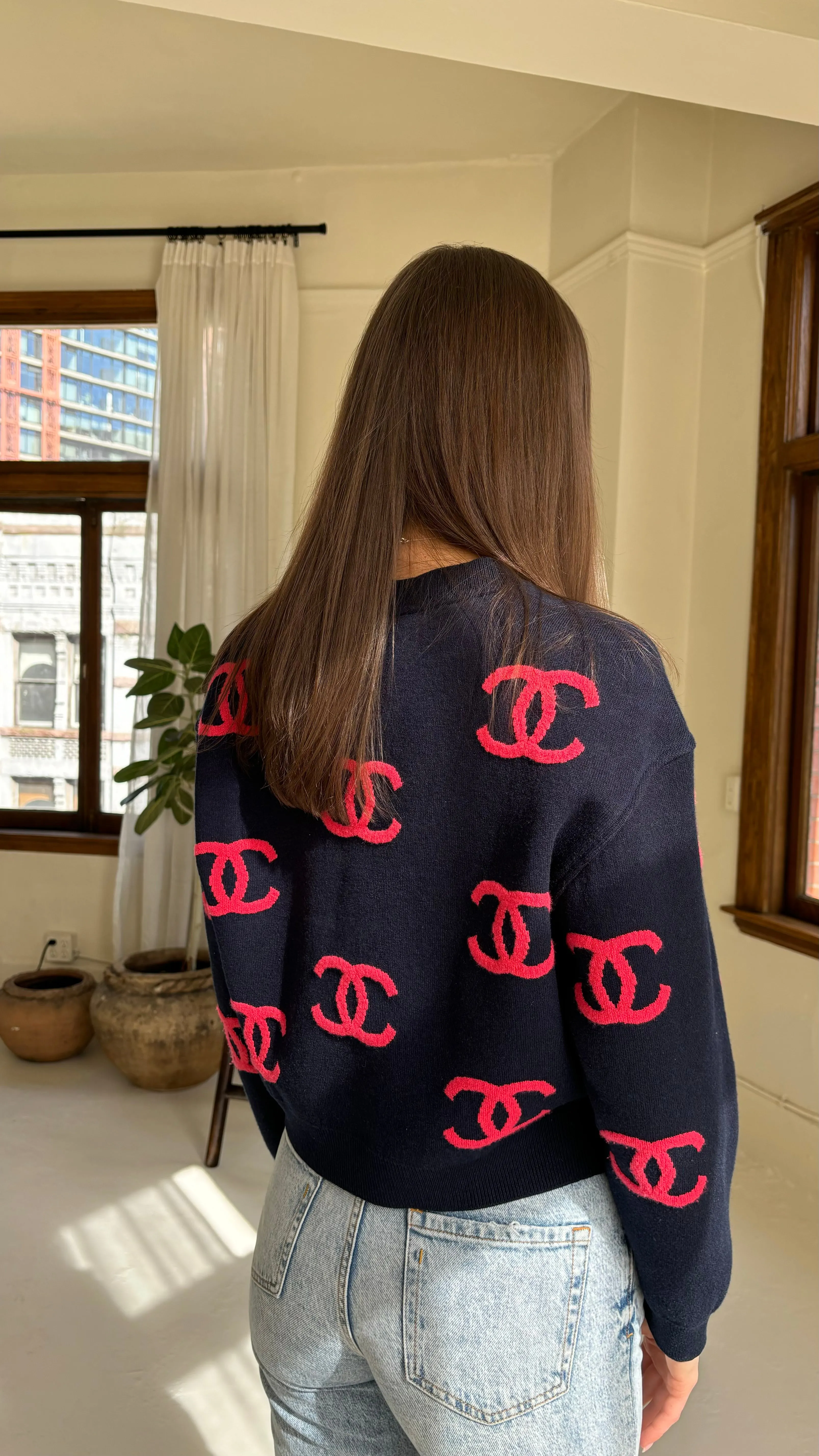 Chanel CC Red Navy Cashmere Sweater