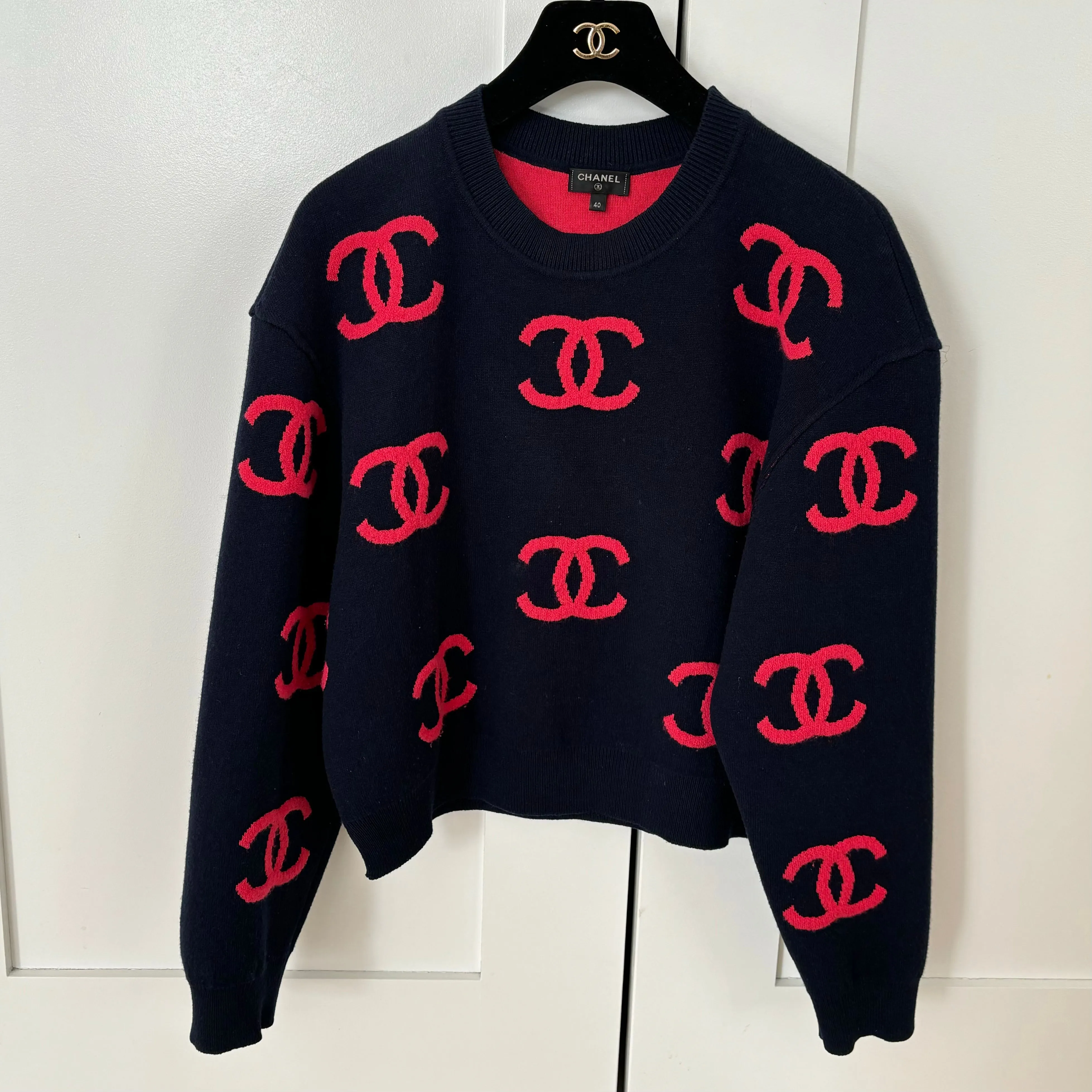 Chanel CC Red Navy Cashmere Sweater