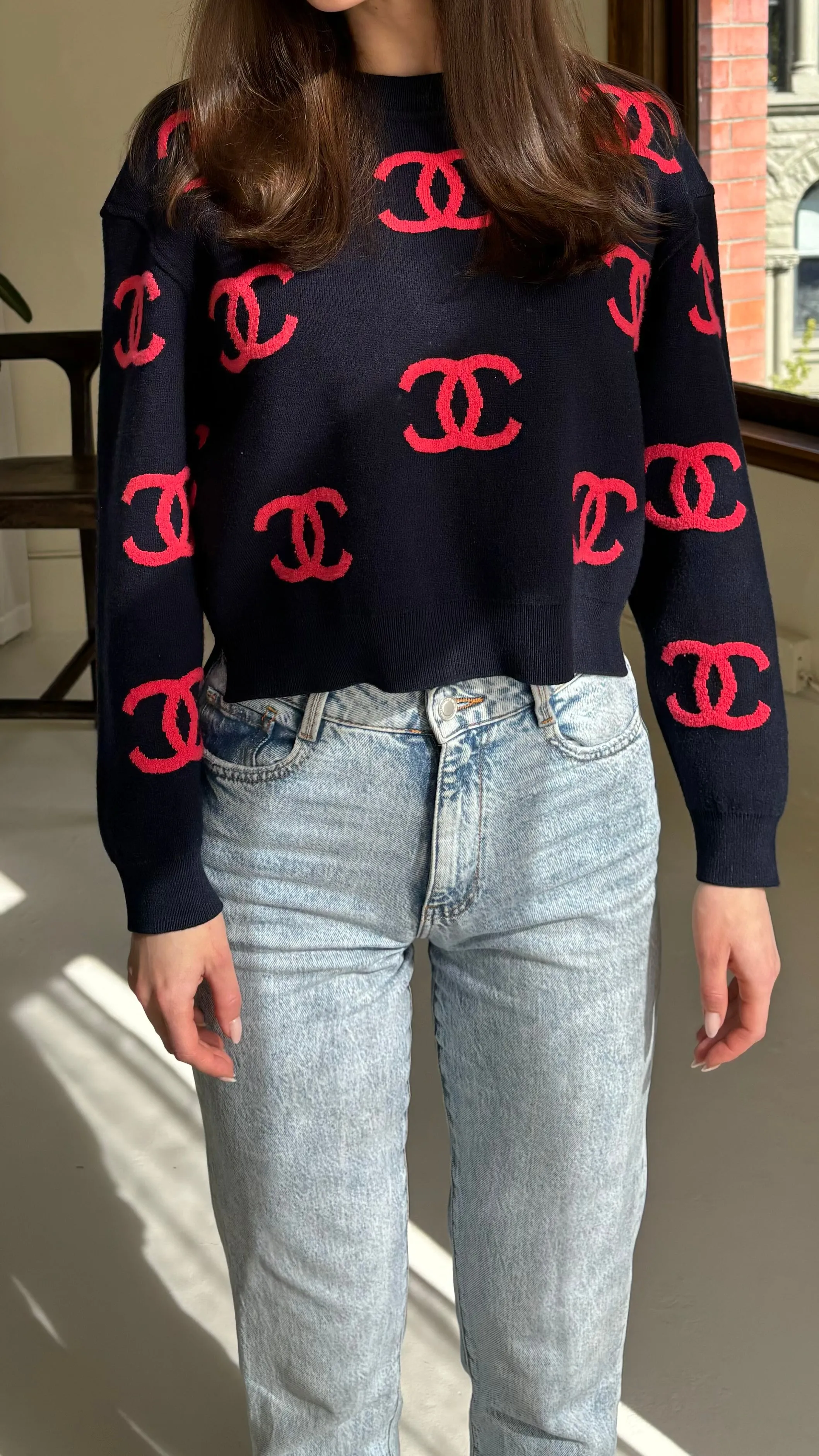 Chanel CC Red Navy Cashmere Sweater