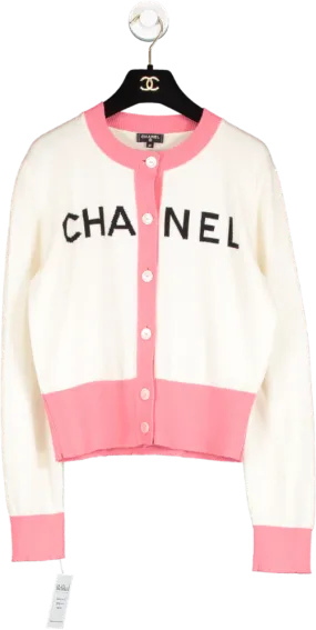 Chanel Cream / Coral 100% Cashmere Logo Cardigan With Logo Buttons FR42 UK 12