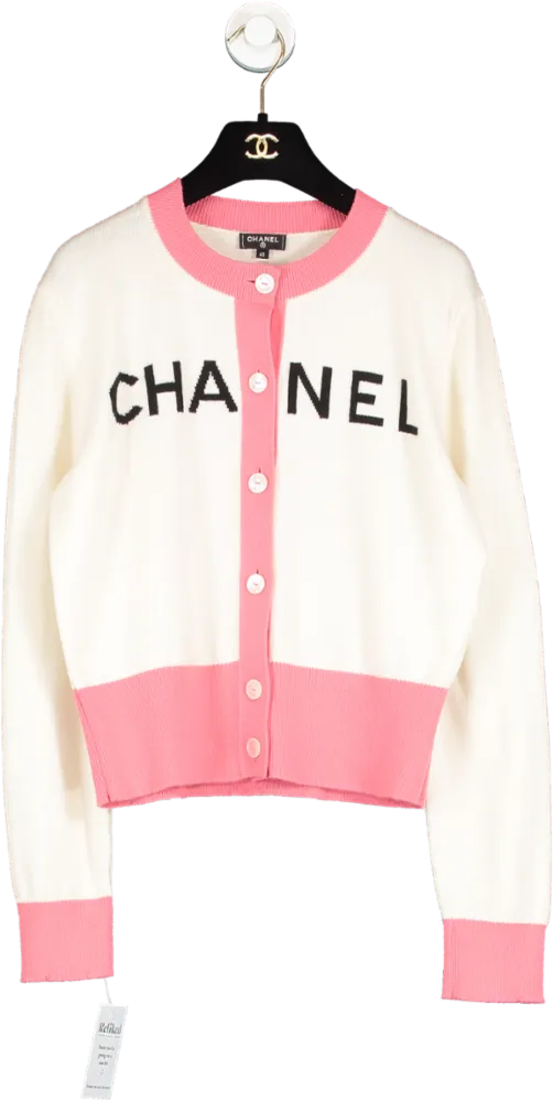 Chanel Cream / Coral 100% Cashmere Logo Cardigan With Logo Buttons FR42 UK 12