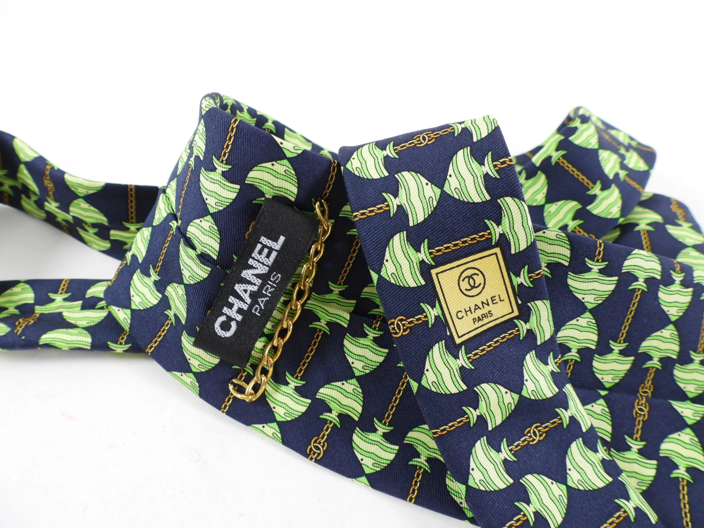 Chanel Green and Navy Tropical Fish Silk Tie