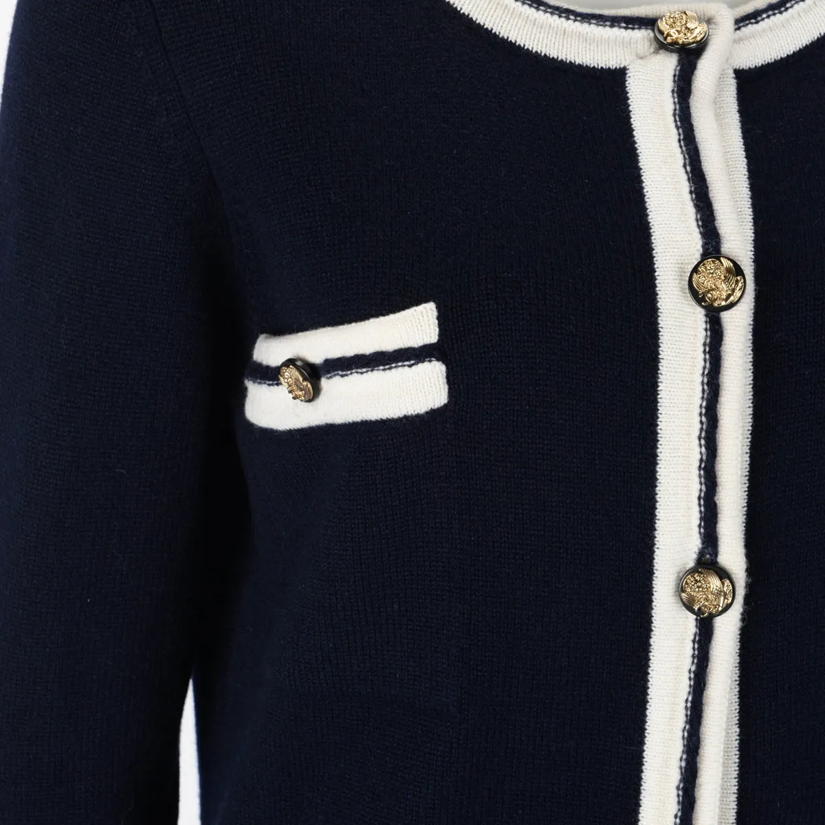 Chanel Navy & White Cashmere Gold Button Cardigan FR 42