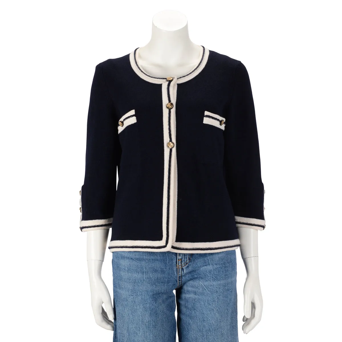 Chanel Navy & White Cashmere Gold Button Cardigan FR 42