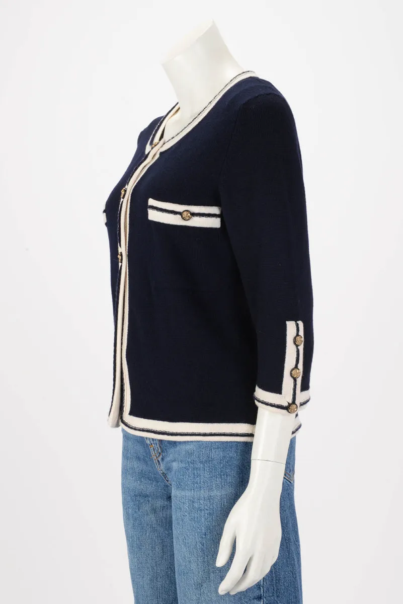 Chanel Navy & White Cashmere Gold Button Cardigan FR 42