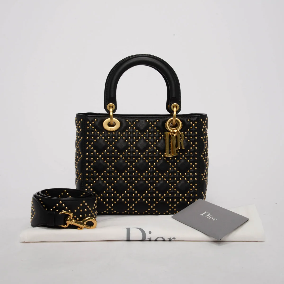 Dior Black Studded Calfskin Medium Supple Lady Dior Bag