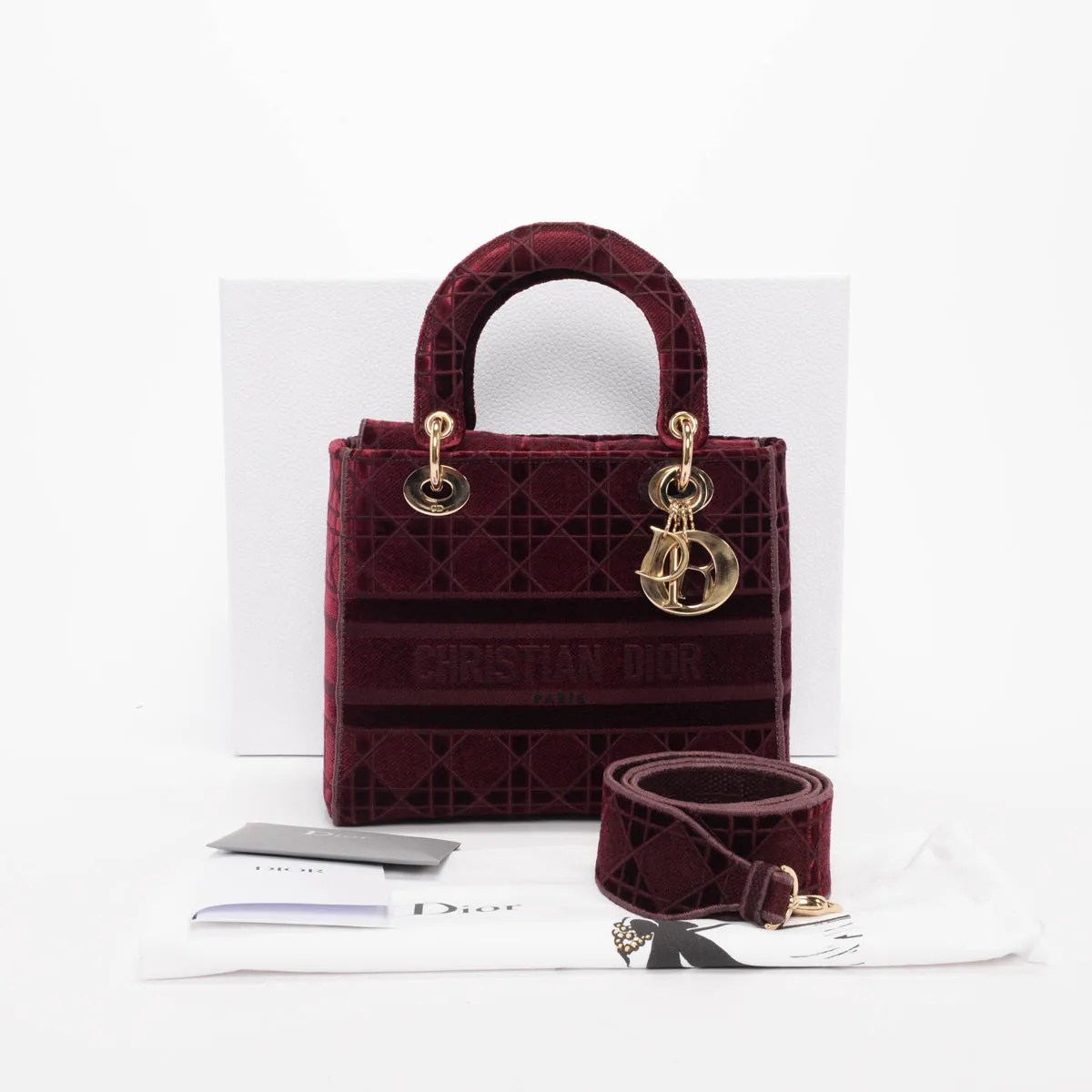 Dior Burgundy Cannage Velvet Medium Lady D-Lite Bag