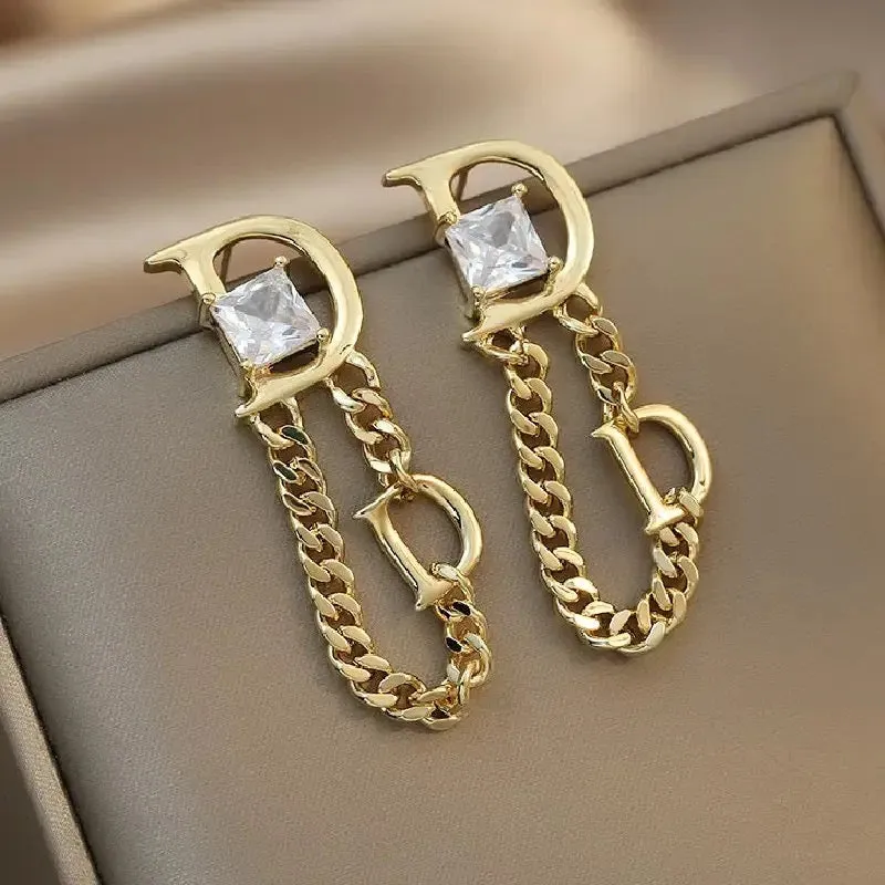 Fashion Jewelry Chain Tassel Letter D Square Zircon Earrings S4809373