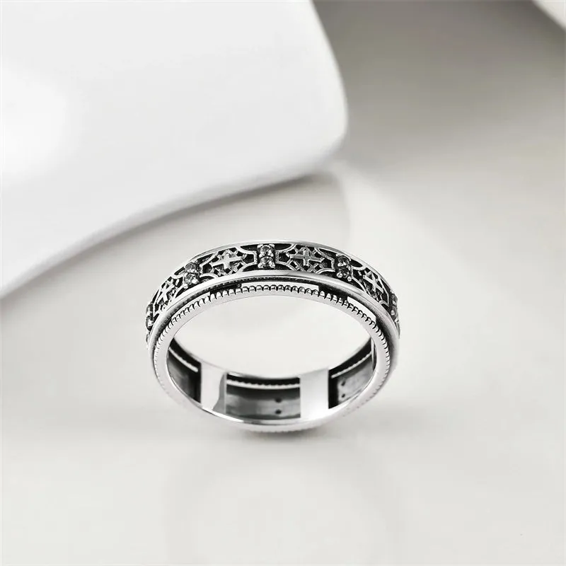 Fidget Ring Sterling Silver Cross Anxiety Ring for Women Praying Spinner Wide Band Statement Ring for Men Stress Relieving