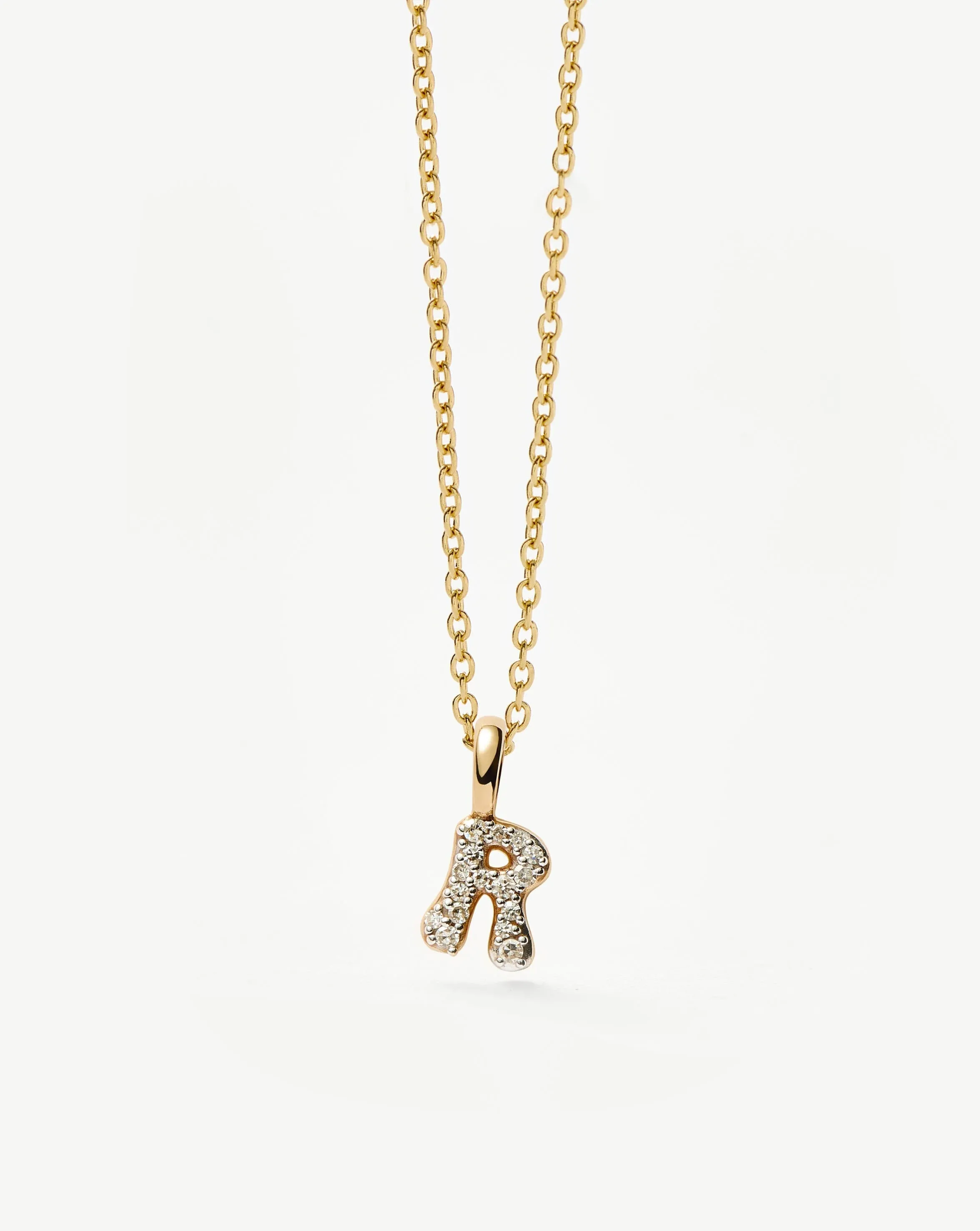 Fine Diamond Initial Mini Pendant Necklace - R | 14k Solid Yellow Gold Plated/Diamond