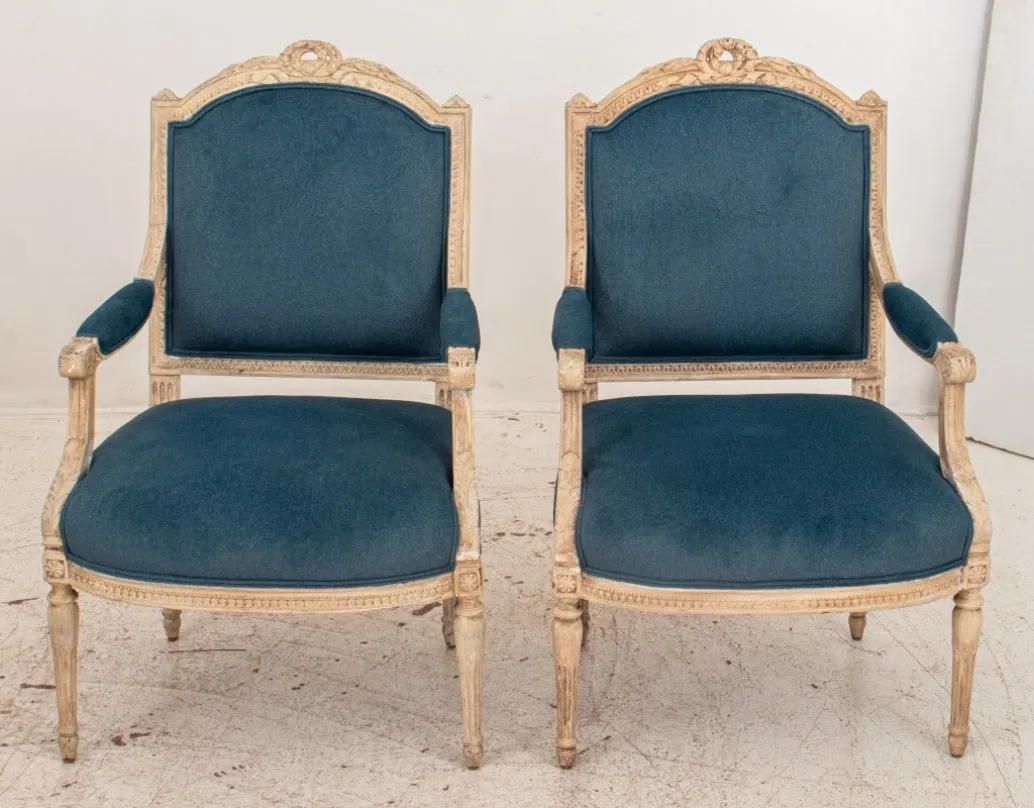 French Louis XVI Manner Velvet Upholstered Armchair, Pair