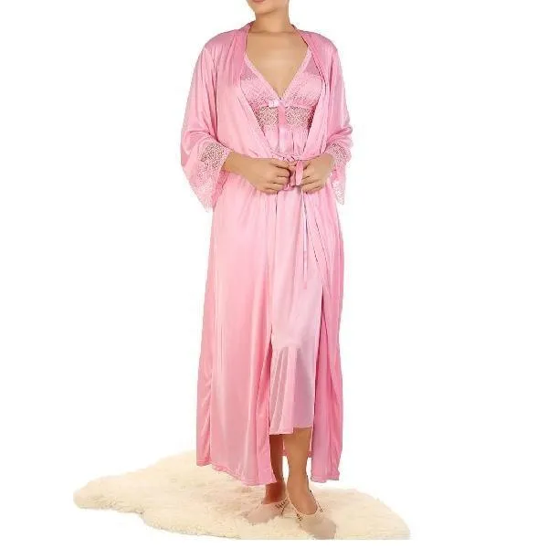 Full Length Three Piece Nighty Set -Pink