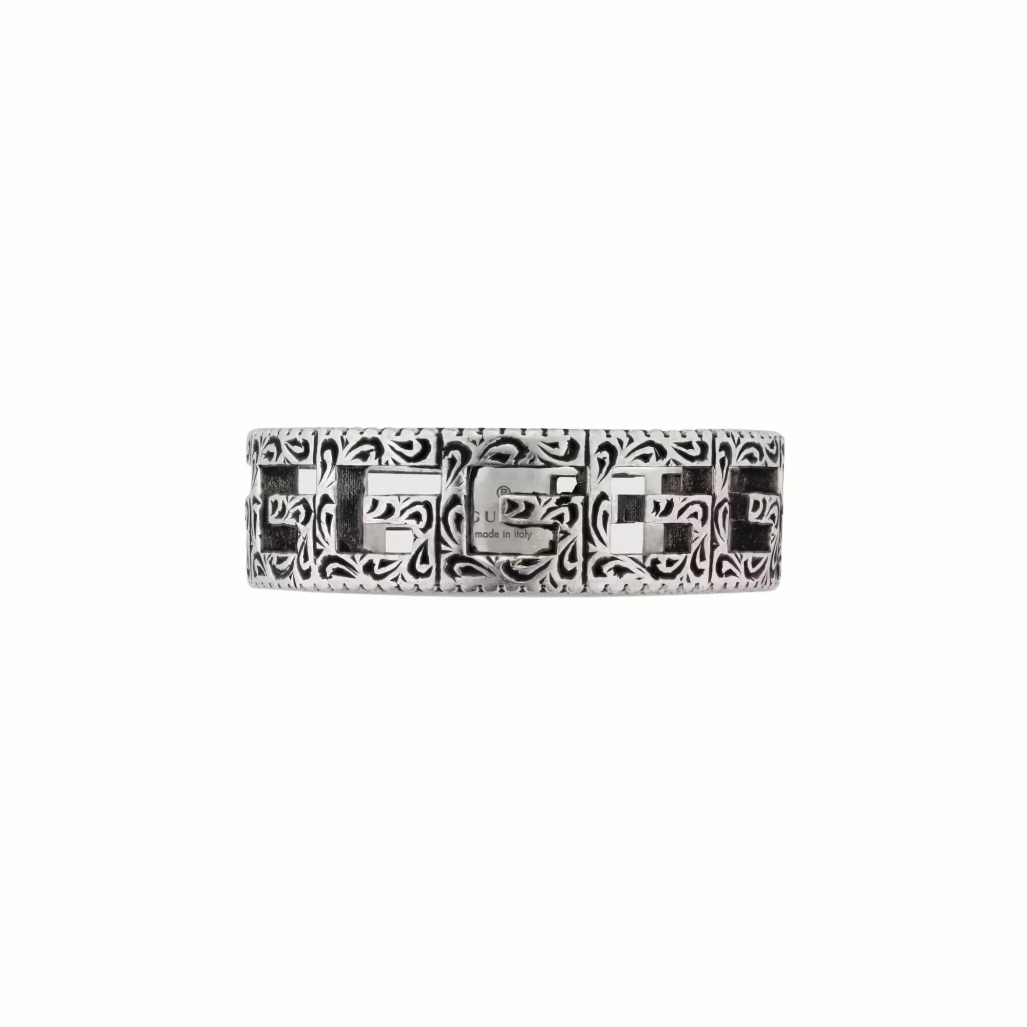 GUCCI AGED STERLING SILVER G CUBE GEOMETRIC CUT PATTERNED SQUARE RING