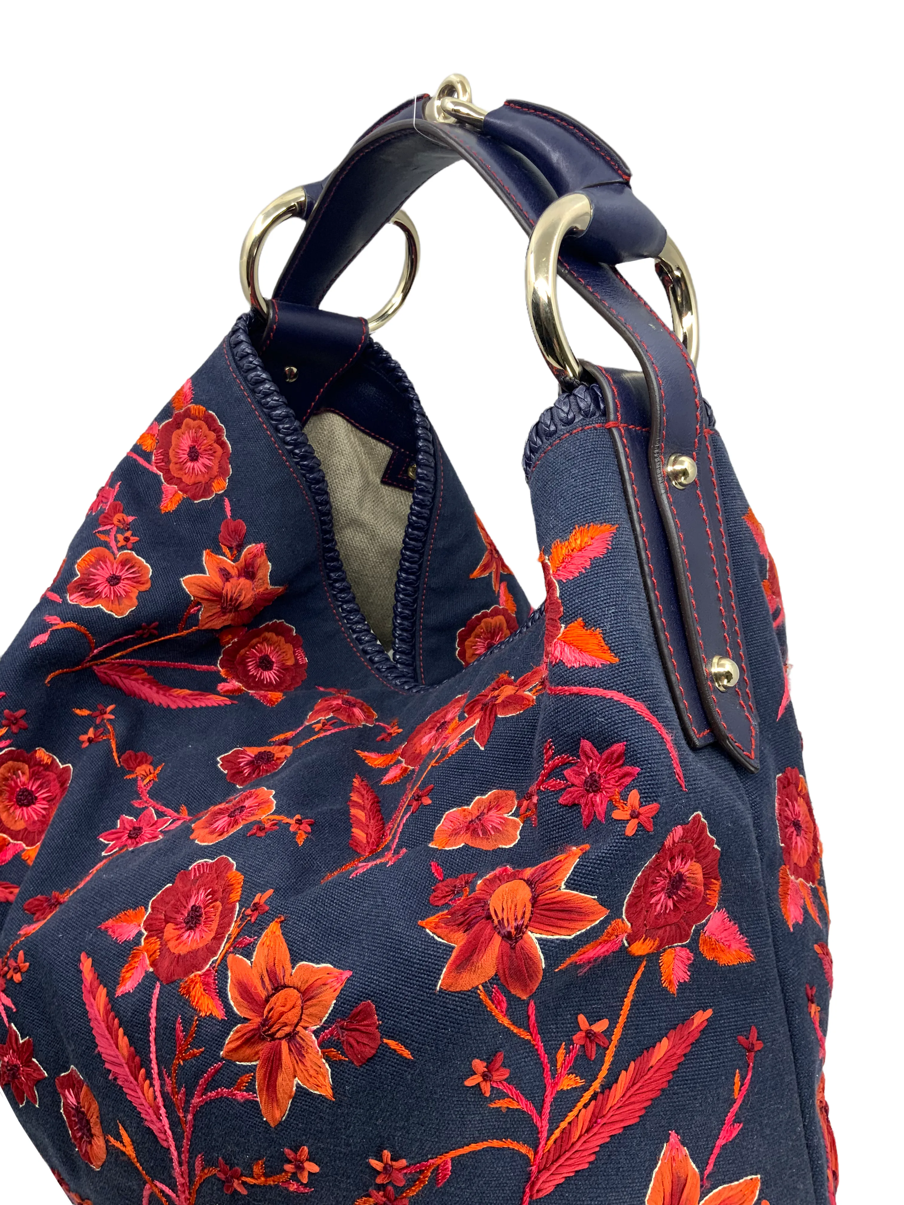 Gucci Floral Embroidered Canvas Large Horsebit Handle Hobo