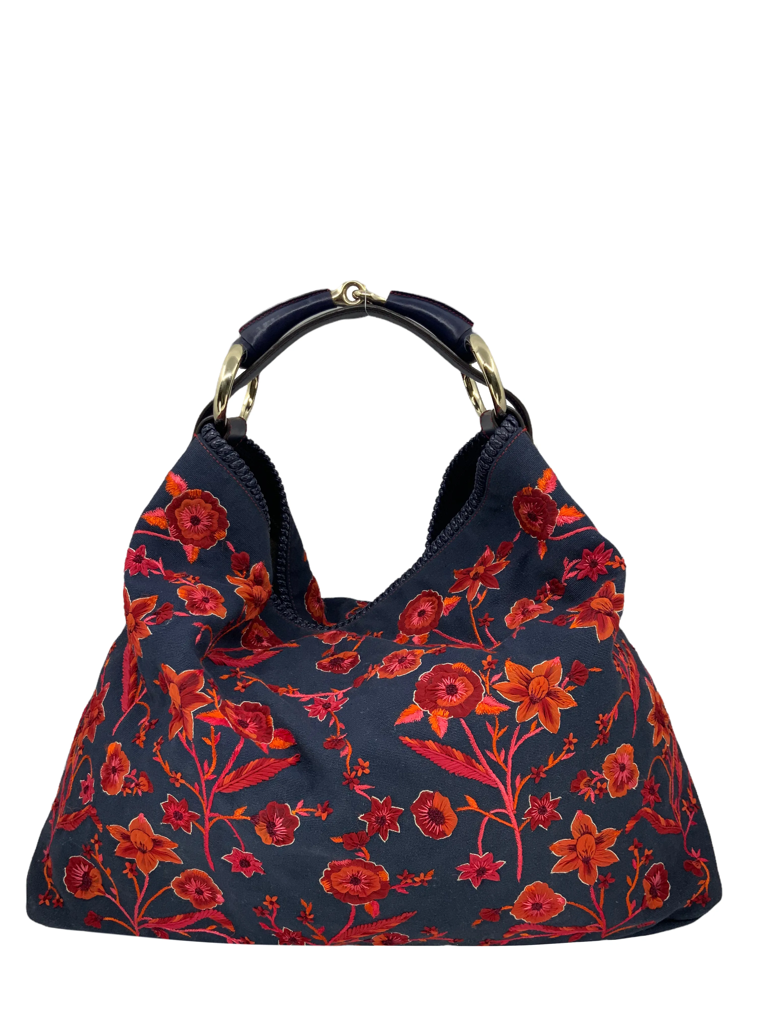 Gucci Floral Embroidered Canvas Large Horsebit Handle Hobo