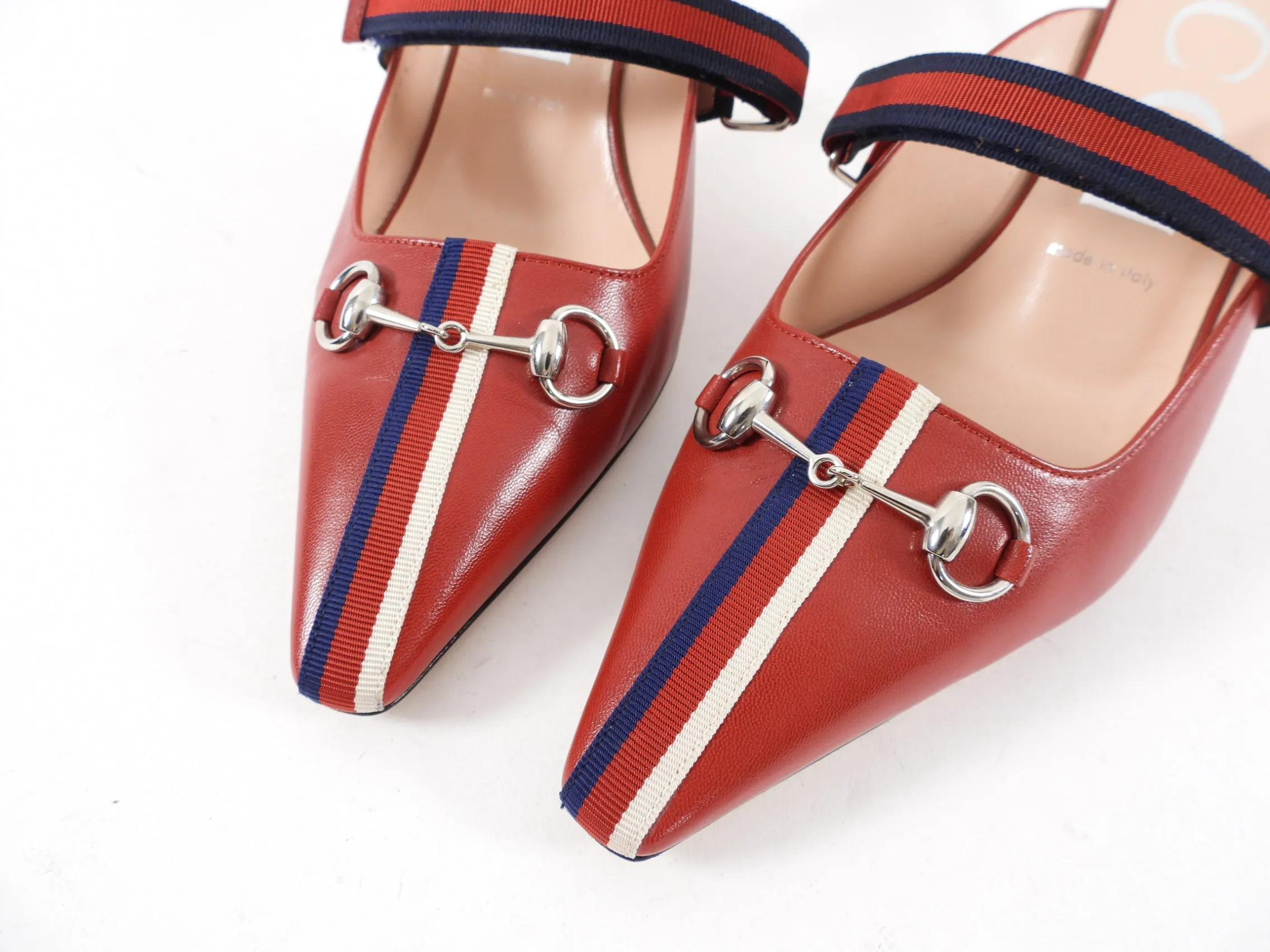 Gucci Red Leather Web Stripe Mules - 39.5