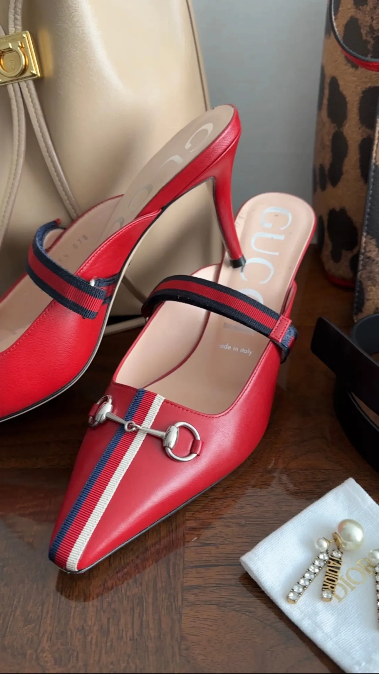 Gucci Red Leather Web Stripe Mules - 39.5