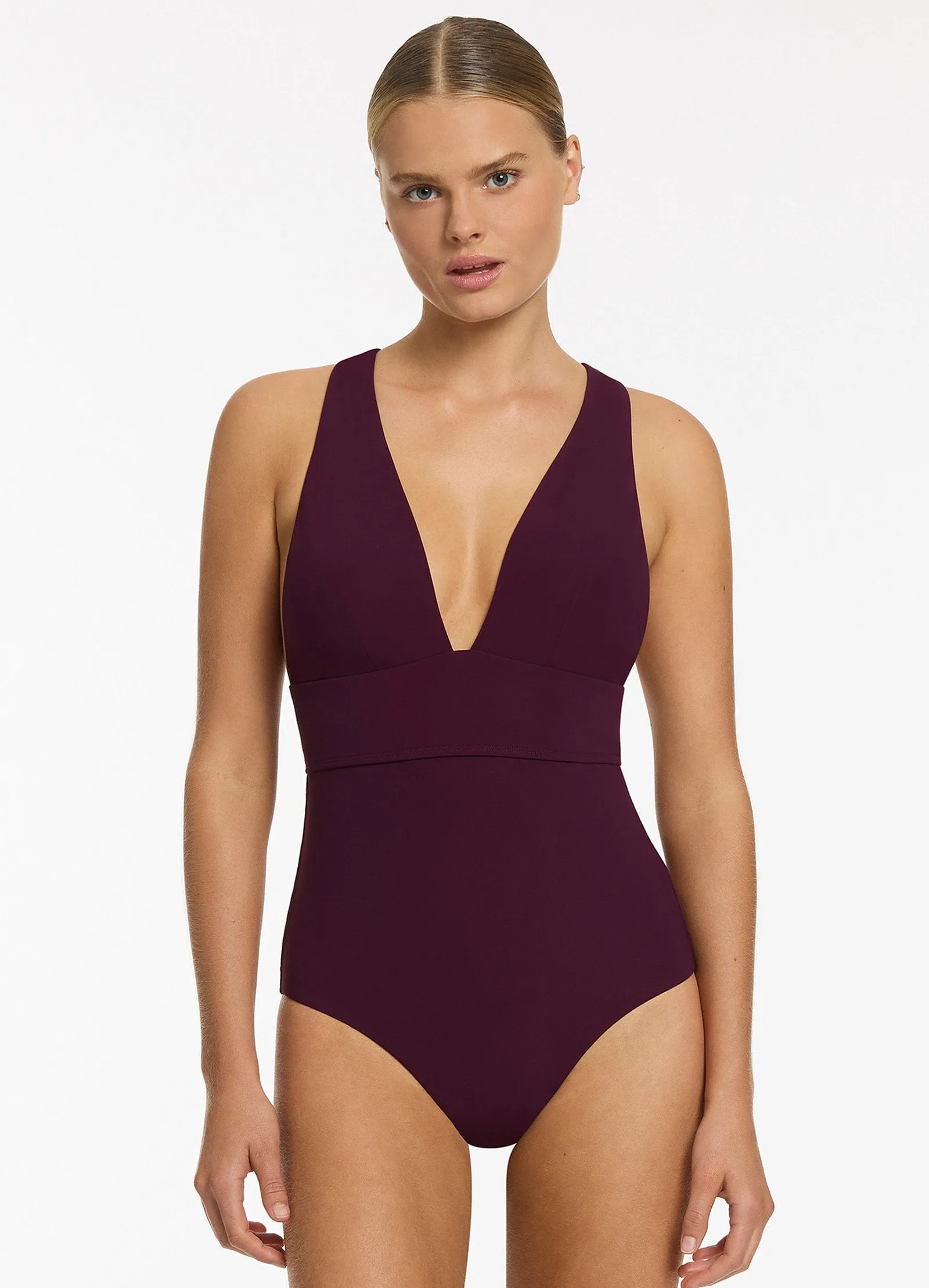 One-Piece Plunge Swimsuit with Tie-Back - Deep Red