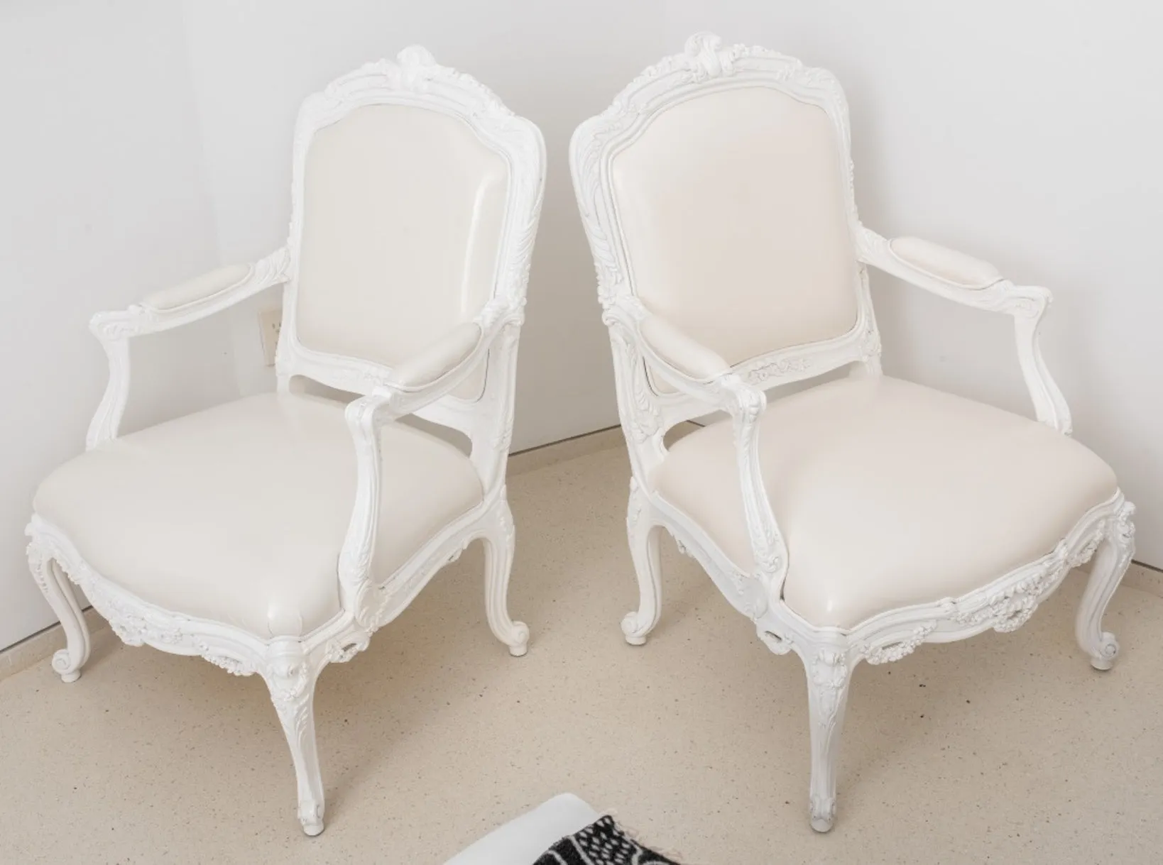 Louis XV Style White Lacquered Arm Chairs, Pair