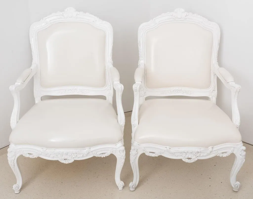 Louis XV Style White Lacquered Arm Chairs, Pair