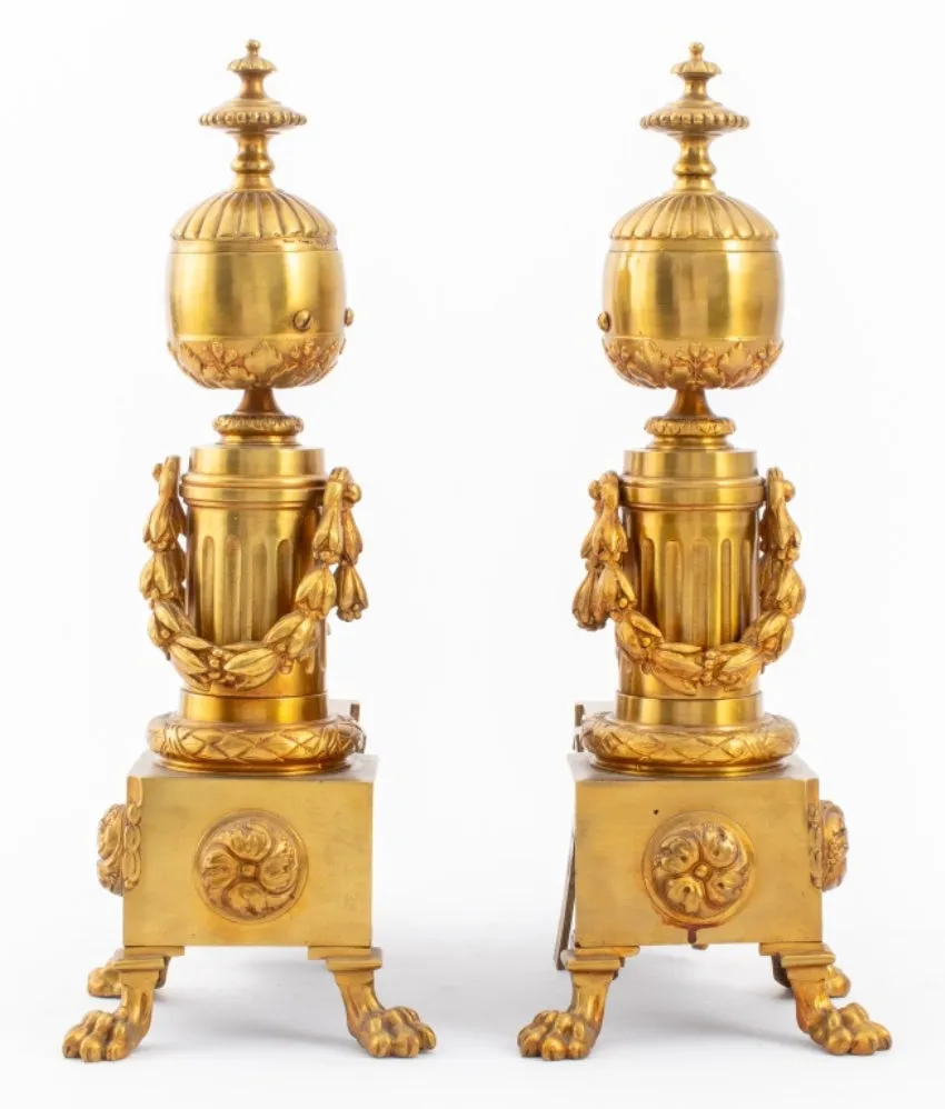 Louis XVI Style Gilt Bronze Andirons, Pair