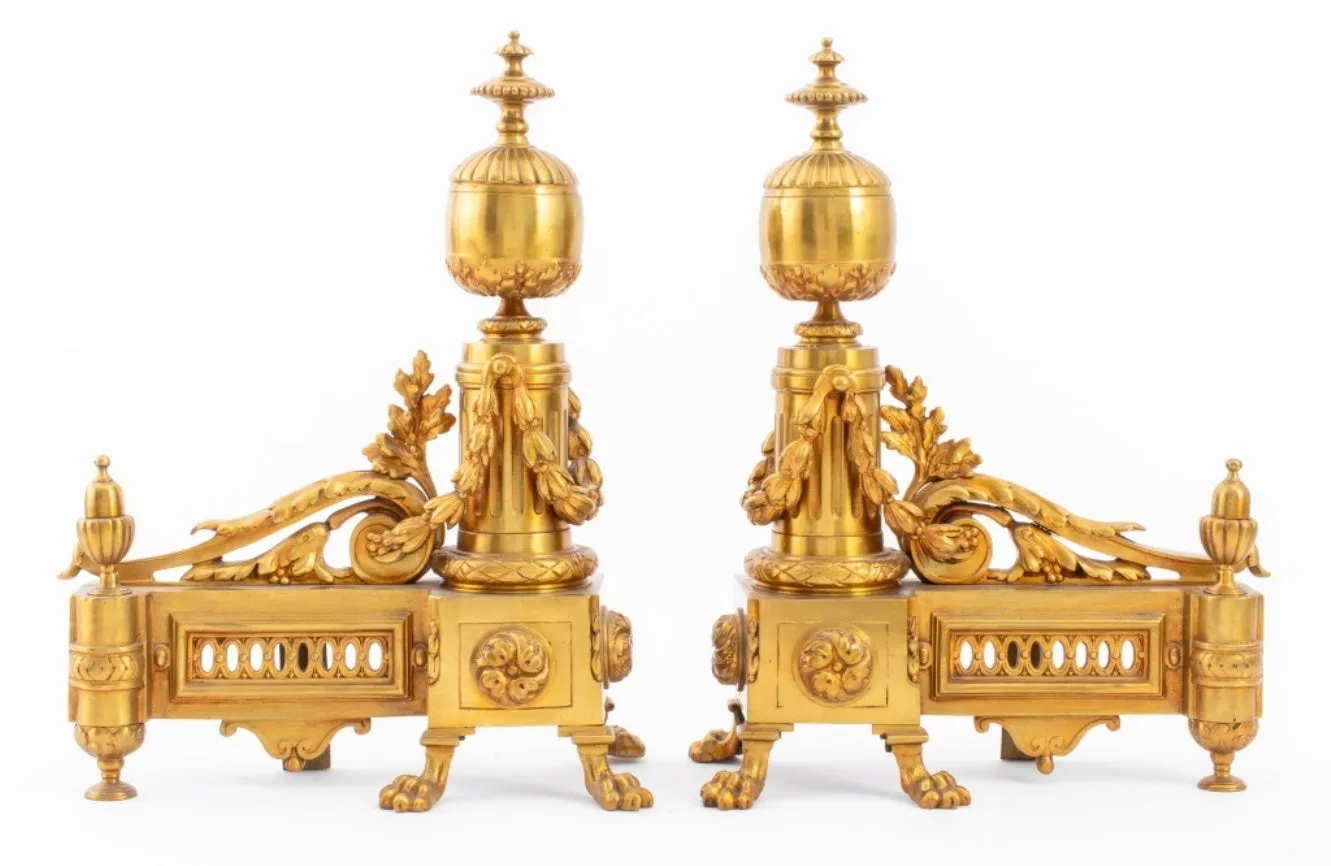 Louis XVI Style Gilt Bronze Andirons, Pair