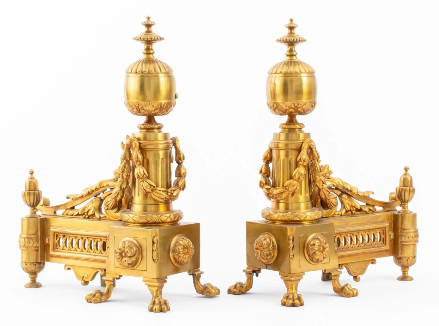 Louis XVI Style Gilt Bronze Andirons, Pair