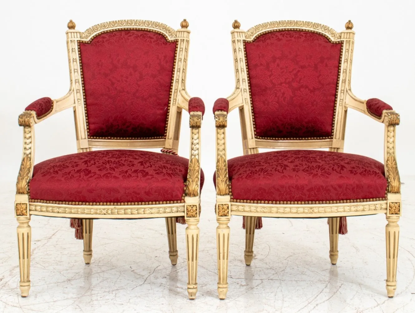 Louis XVI Style Gold & White Painted Arm Chairs, Pair