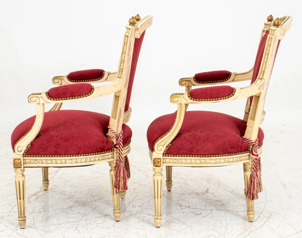 Louis XVI Style Gold & White Painted Arm Chairs, Pair