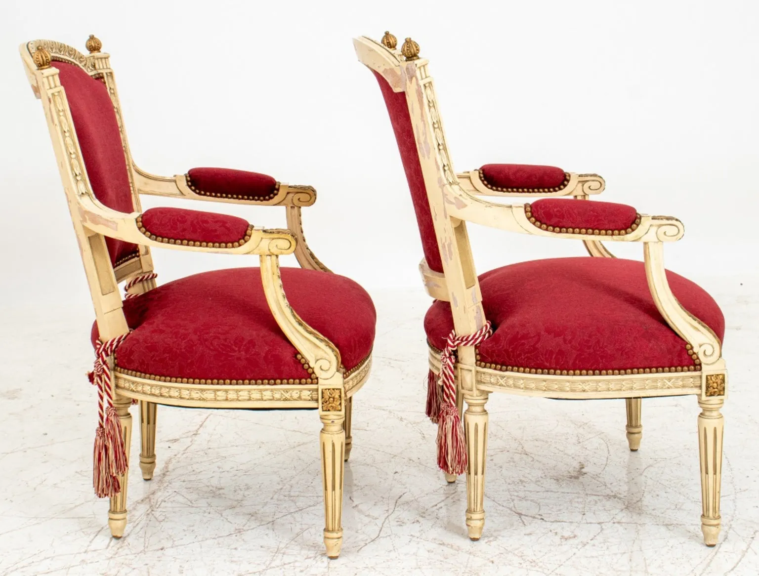 Louis XVI Style Gold & White Painted Arm Chairs, Pair