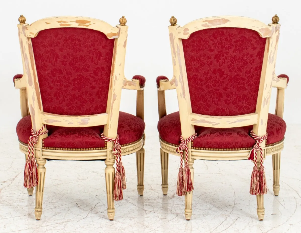 Louis XVI Style Gold & White Painted Arm Chairs, Pair