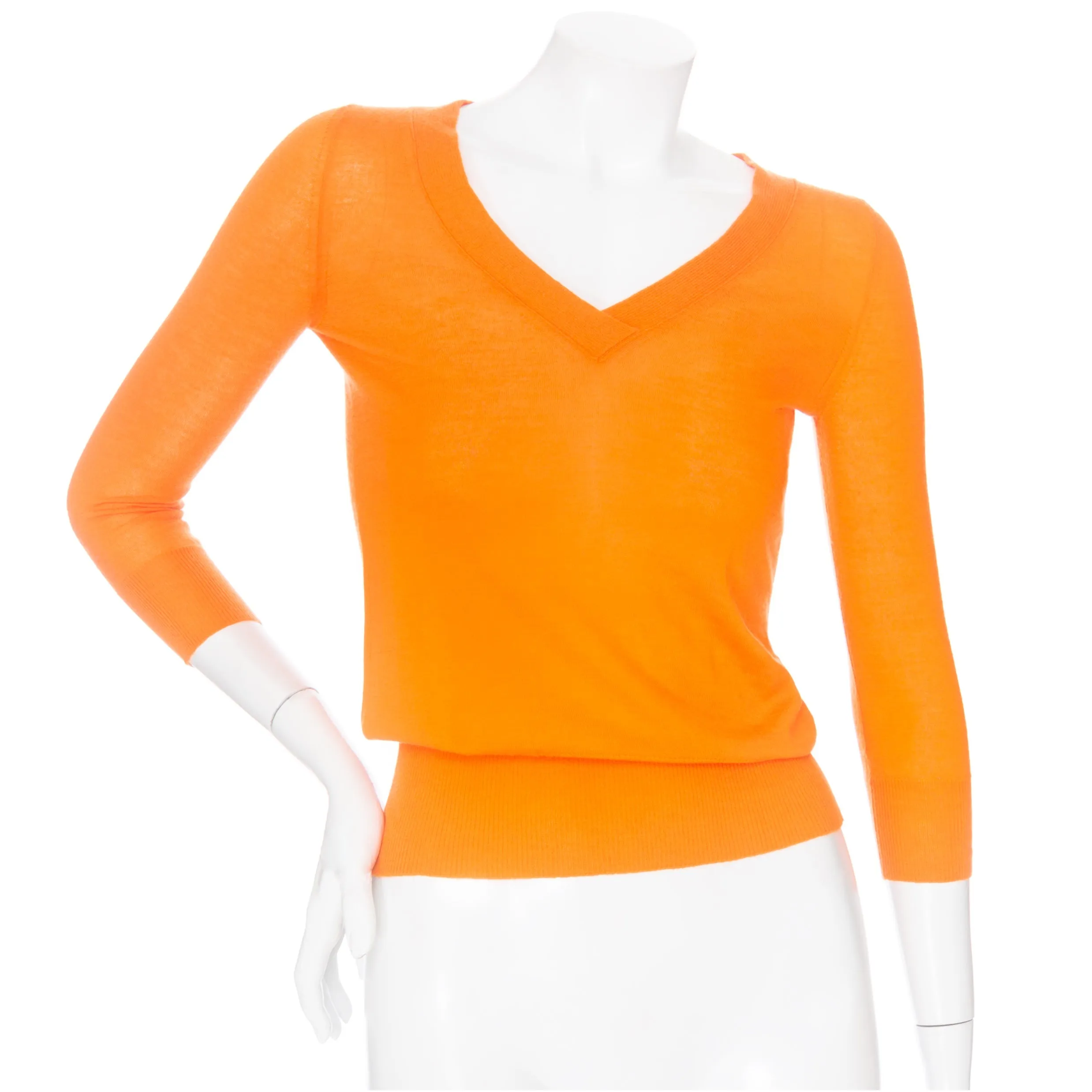 Orange Cashmere V-Neck 3/4 Sleeve Sweater