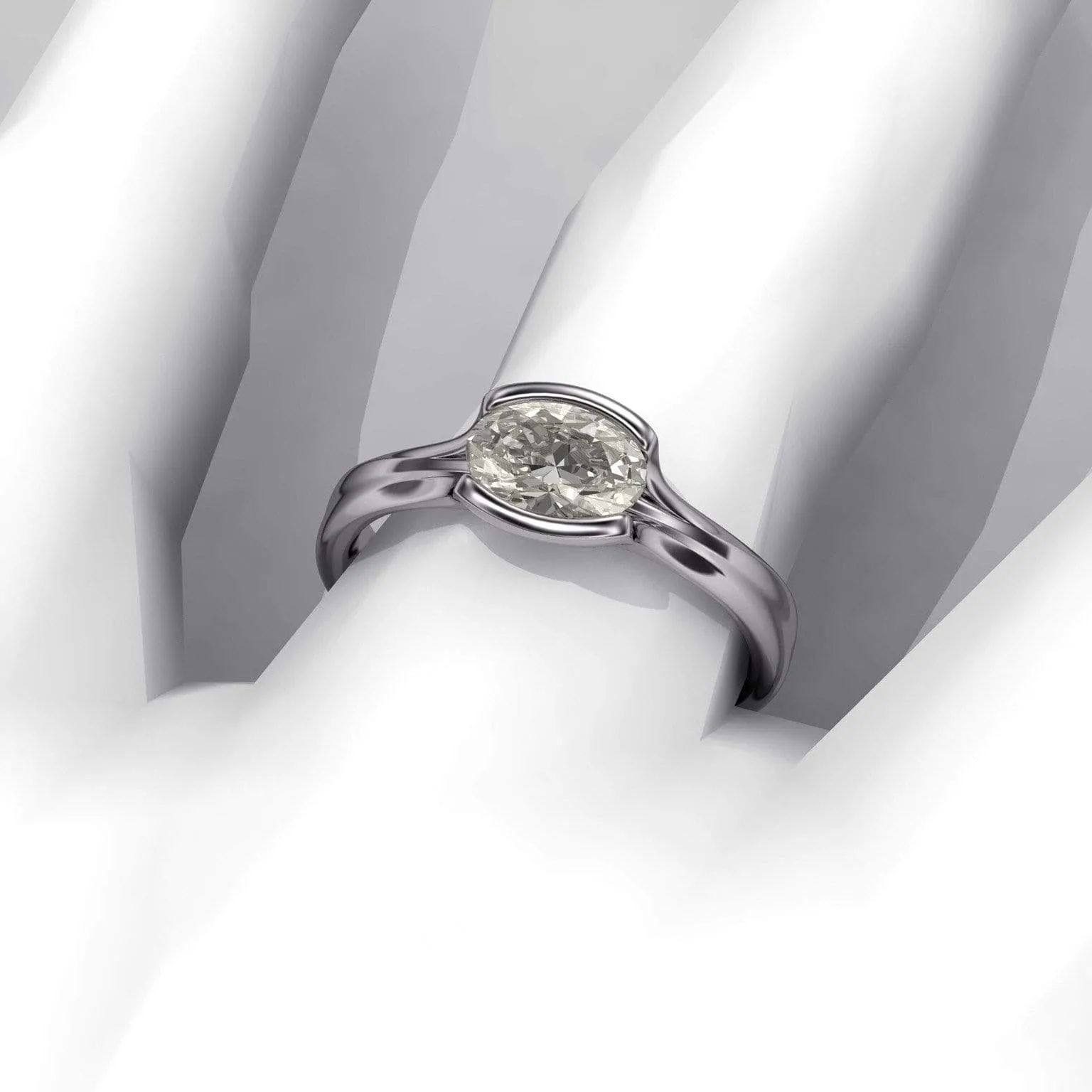 Oval Moissanite Solitaire Ring Fold Half Bezel Engagement Ring