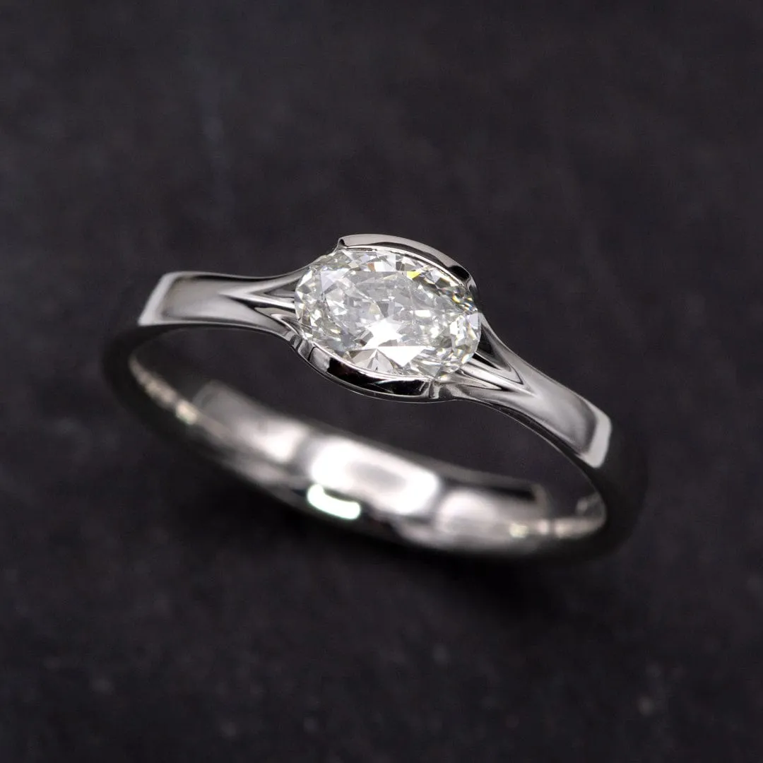 Oval Moissanite Solitaire Ring Fold Half Bezel Engagement Ring