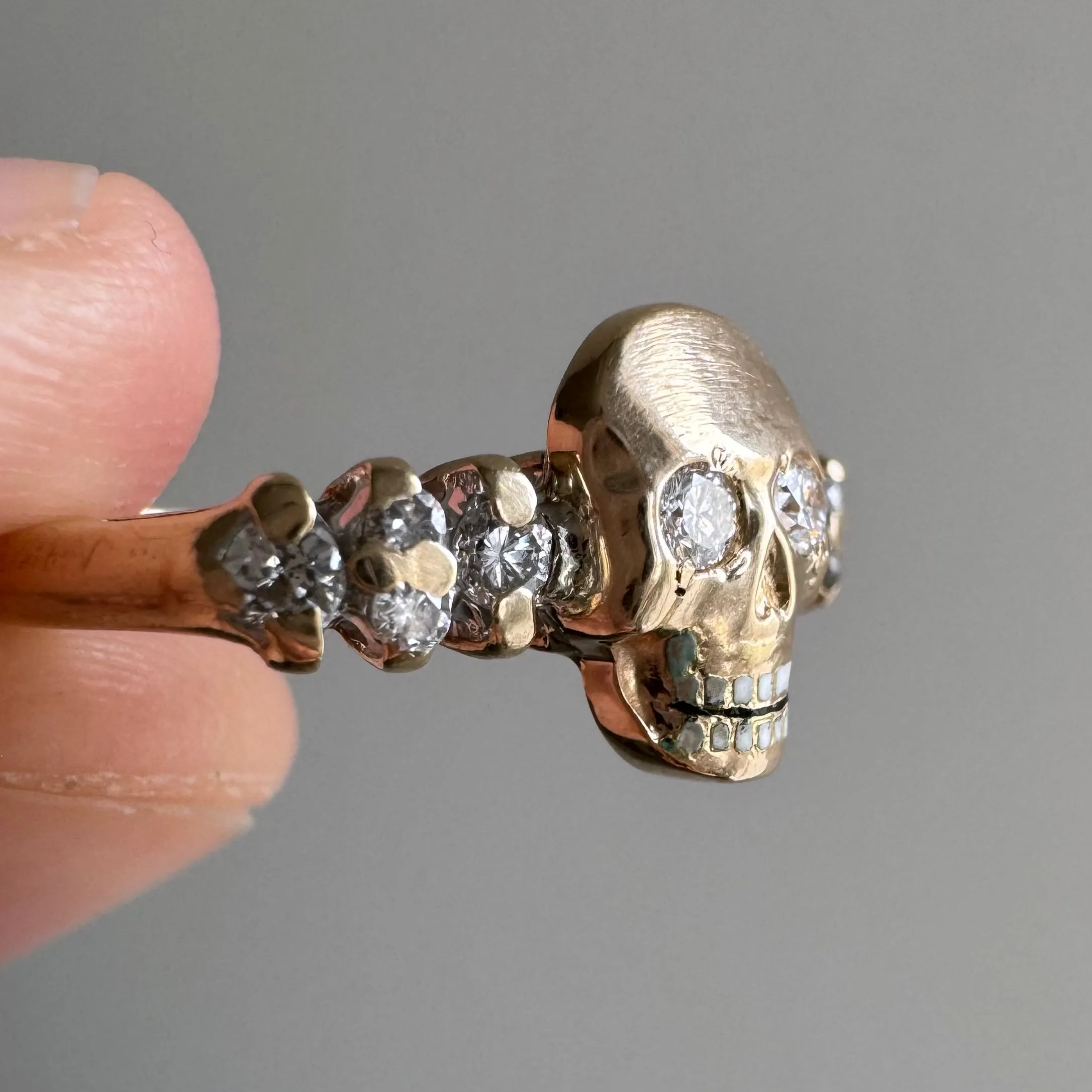 reimagined V I N T A G E // memento mori / solid 14k yellow gold and diamond skull ring /  size 6