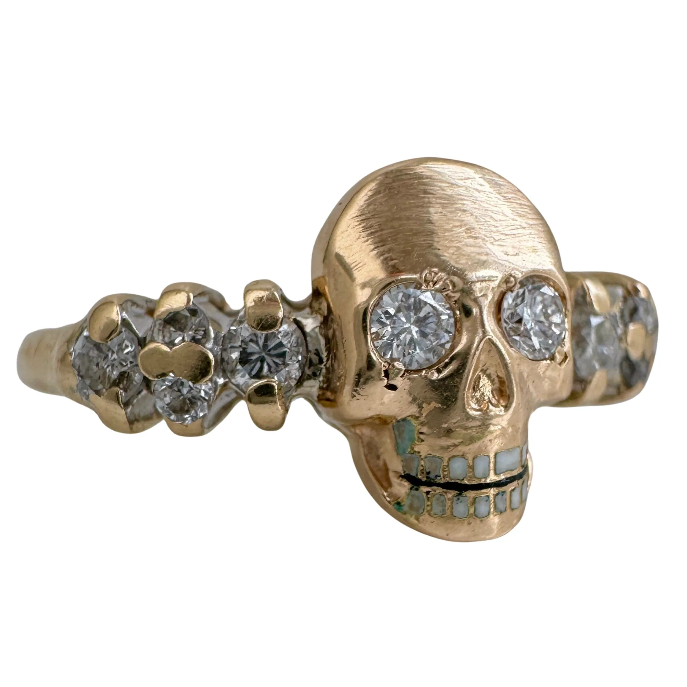 reimagined V I N T A G E // memento mori / solid 14k yellow gold and diamond skull ring /  size 6