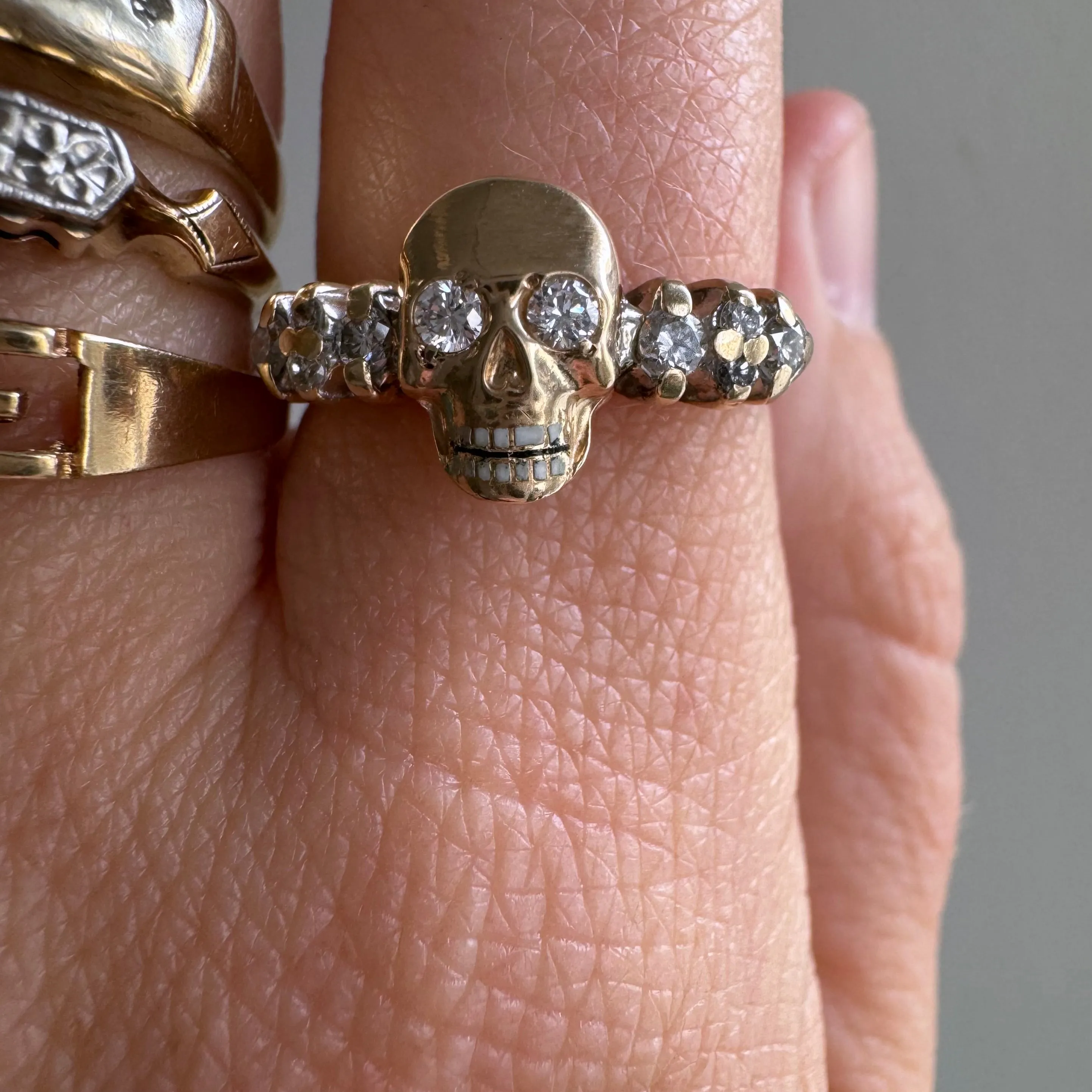 reimagined V I N T A G E // memento mori / solid 14k yellow gold and diamond skull ring /  size 6