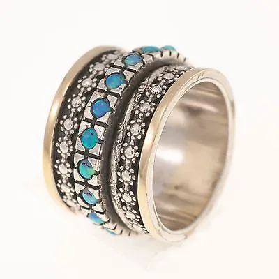 Spinning Ring 9K Gold and Sterling Silver With Crystals Stones